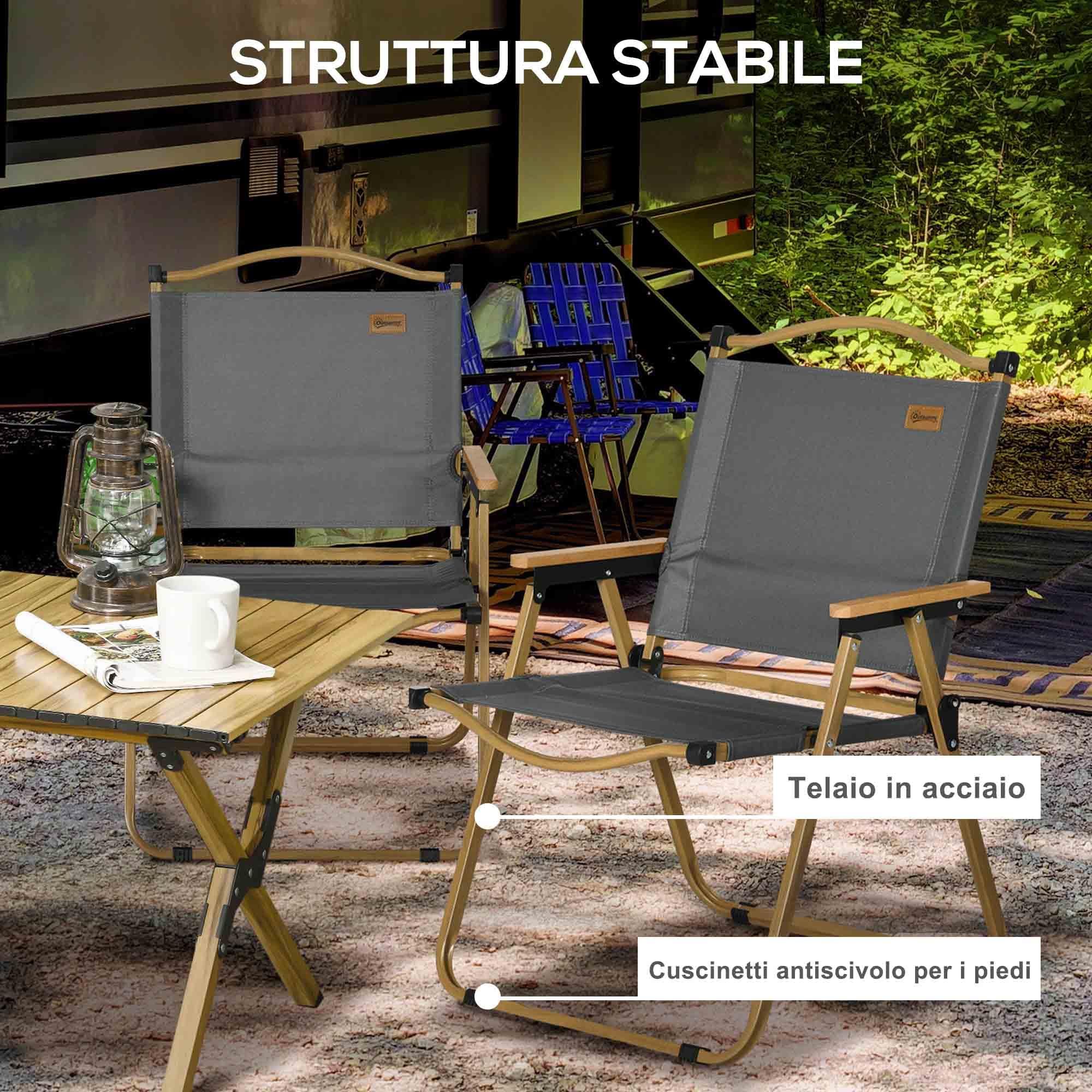 Outsunny Set 2 Sedie da Campeggio e Spiaggia Pieghevoli con Braccioli, Coppia di Sedia da Pesca in Tessuto Oxford e Acciaio, 54x59x78 cm, Grigio Scuro