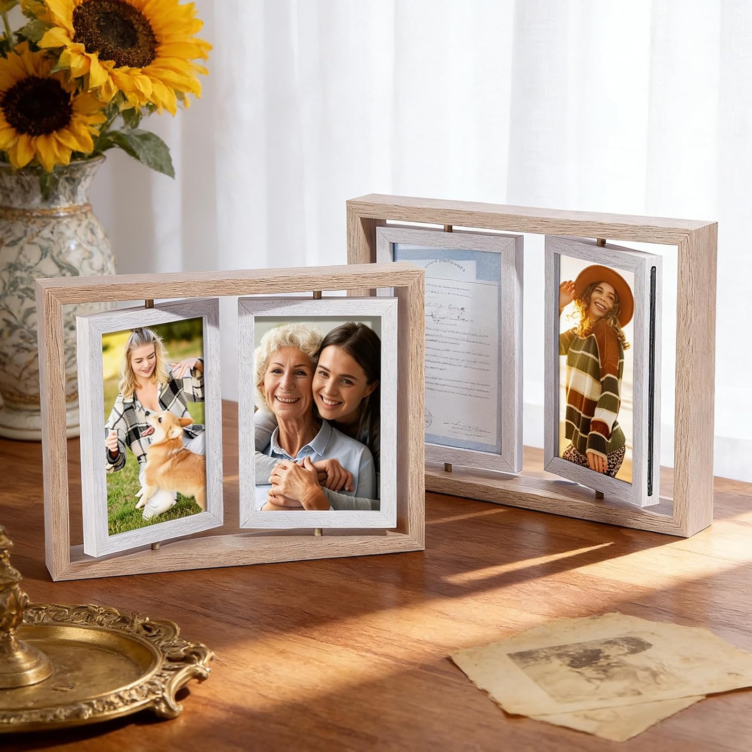 2 Pack Wood Glass Rotating Frame, 4x6 Double Sided Swivel Photo Frame Desk Picture Frame Wooden Photo Frames 360 Degree Tabletop Frames for Display Artwork Plant Specimen, Antique White