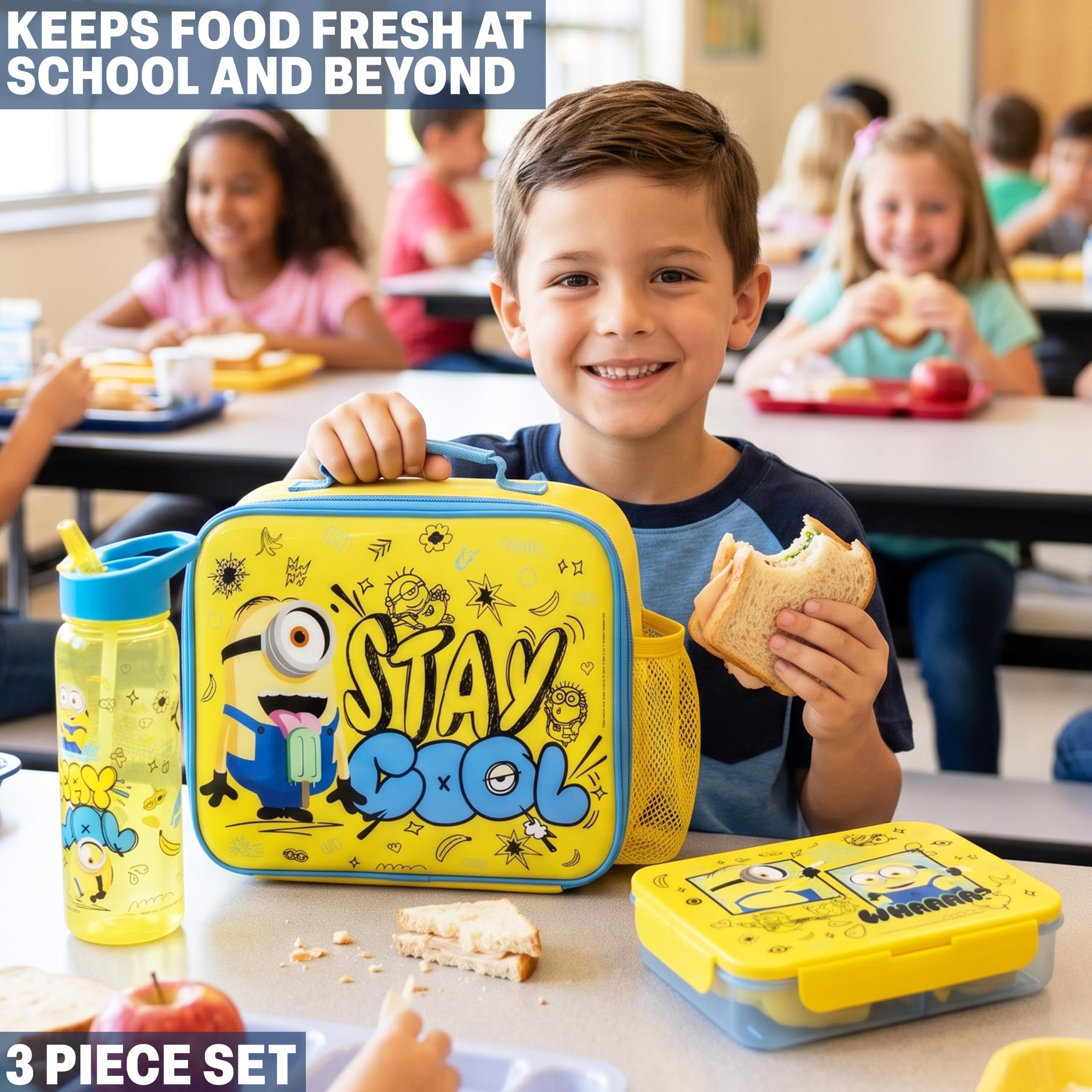 Get Trend Minions Set Porta Pranzo Bambini, 3 Pezzi Borsa Termica Porta Pranzo, Bento Box e Senza BPA Borraccia Bambini, Regalo Ragazzo (Giallo/Blu Minions)