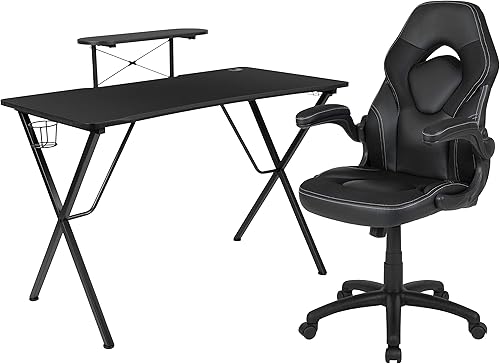 Miniatura 420 de Flash Furniture Juego de escritorio para juegos negro y silla de carreras blanco/negro con soporte para tazas, gancho para auriculares y soporte