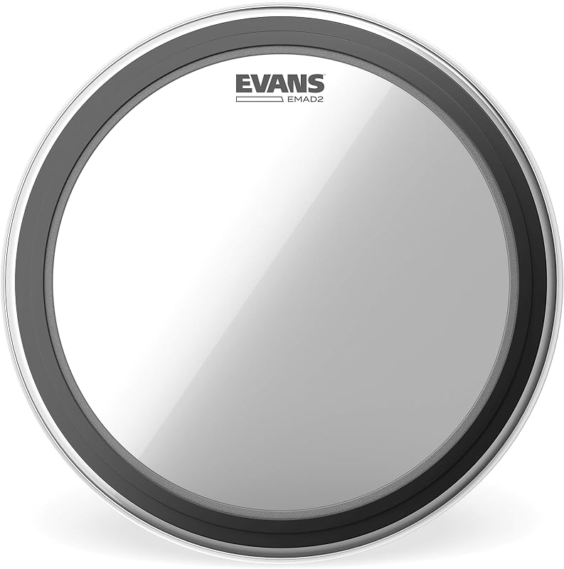 Evans EMAD2 Parche de bombo transparente, 22" - Sistema de amortiguación ajustable montado externamente que permite al jugador ajustar el ataque y el enfoque - 2 anillos de amortiguación de espuma para opciones de sonido - Versátil para todos los géneros musicales | Los parches de bombo EMAD2 ofrecen un golpe profundo en los graves, amortiguación ajustable, fácil afinación, ataque enfocado y durabilidad duradera.