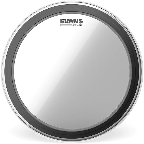 Evans EMAD2 Clear Bass Drum Head, 22” – Externally Mounted Adjustable Damping System Allows Player to Adjust Attack and Focus – 2 Foam Damping Rings for Sound Options - Versatile for All Music Genres