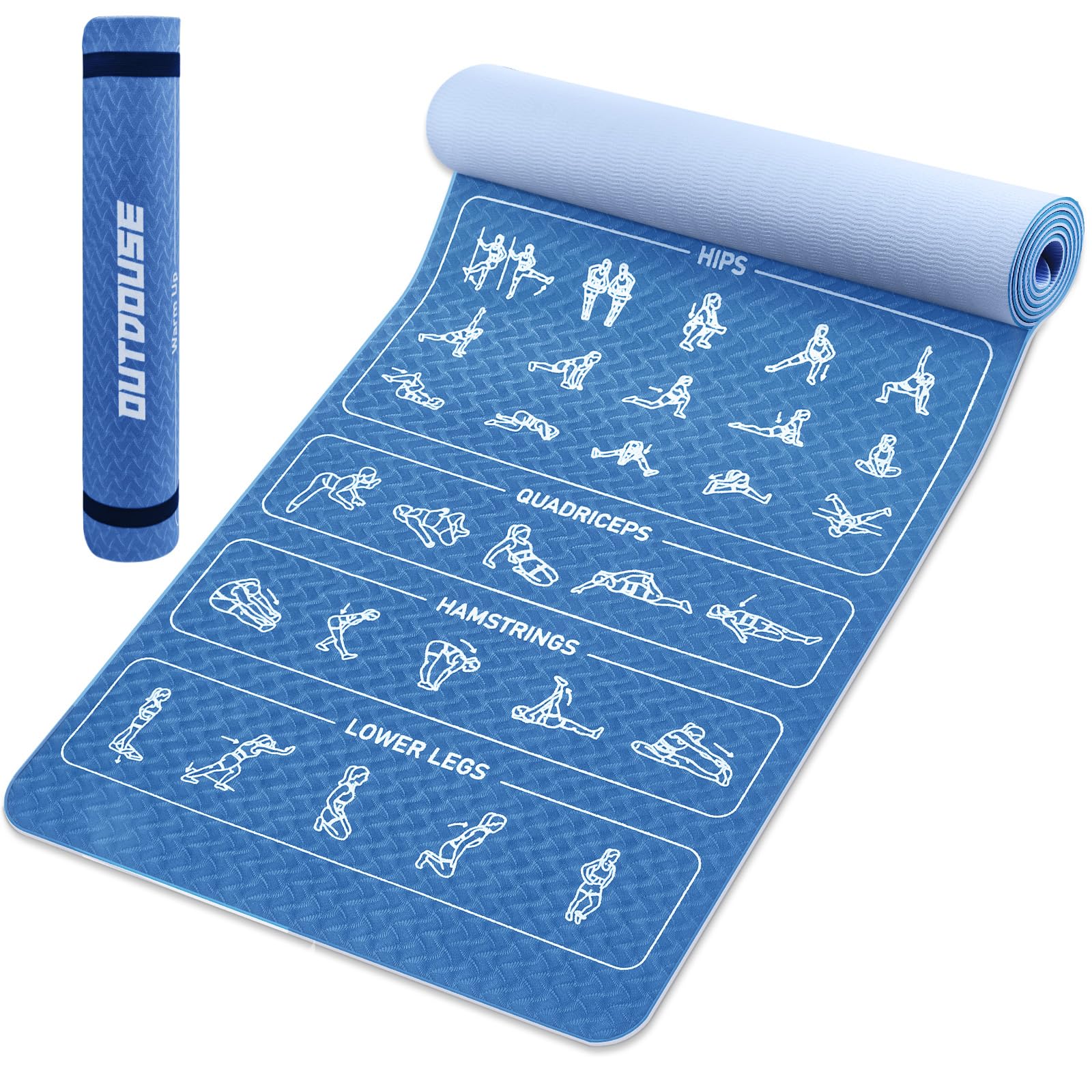 OUTDOUSE Yogamatte Sportmatte–70 aufgedruckte YogaPosen, rutschfeste TPE-Material, für Gymnastik, Pilate, Zuhause und Reisen, Fitness Matte für Damen und Herren, Dunkelblau und Hellblau,183x61x 0,6cm