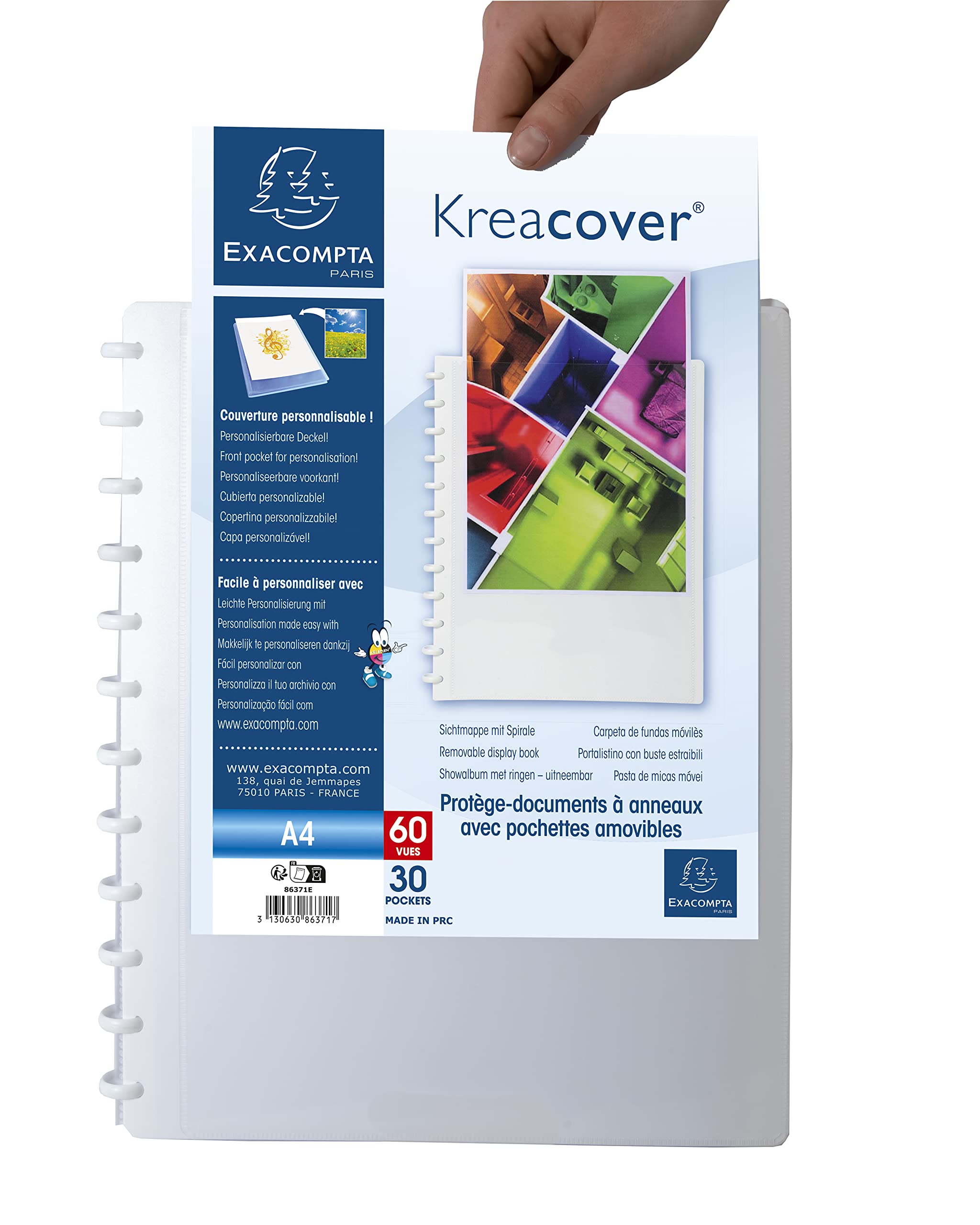 Exacompta Protège-documents amovible à anneaux 30 pochettes A4 24,5x31cm blanc Kreacover
