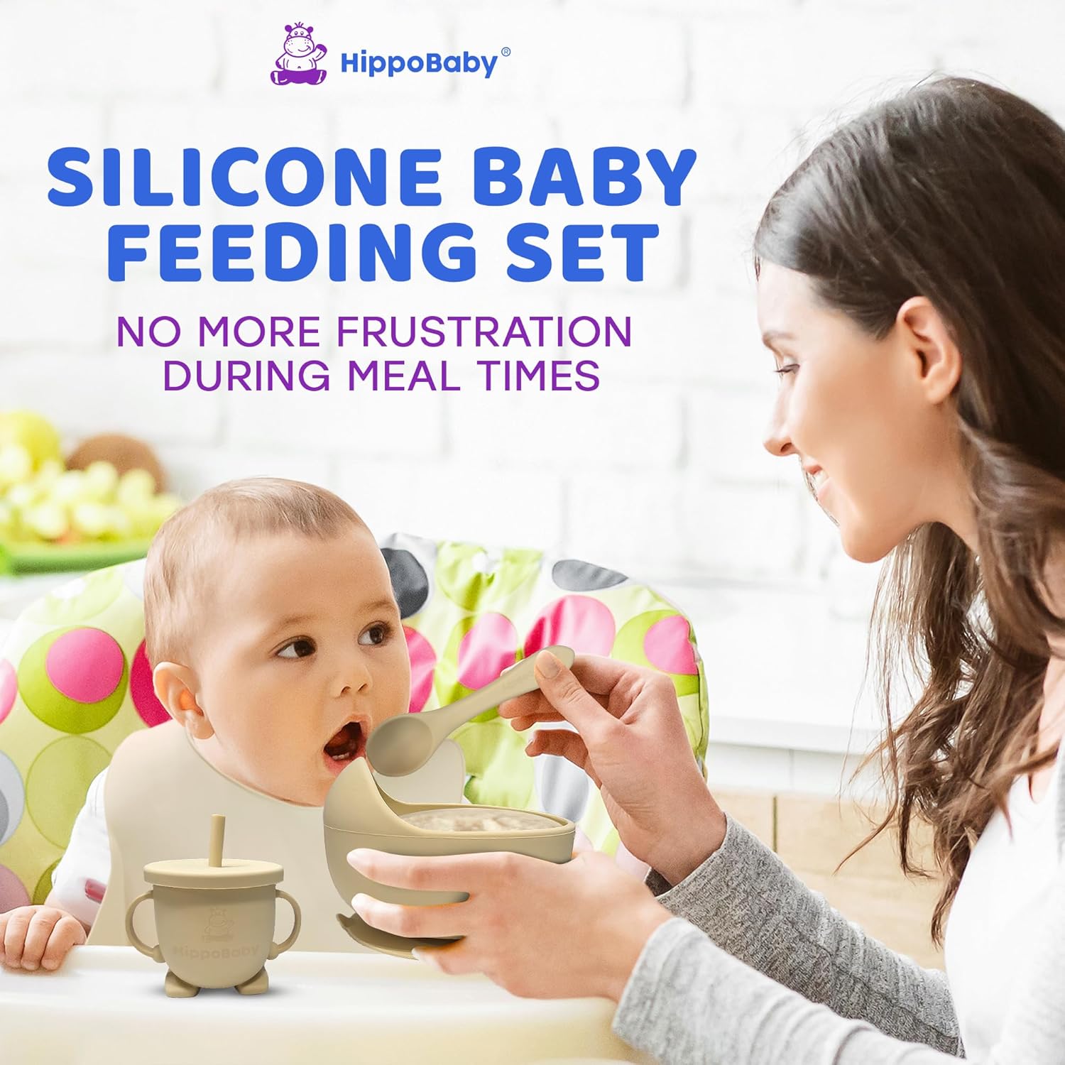 HippoBaby Baby Led Weaning Supplies | 10 Piece Silicone Baby Feeding Set | Baby Toddler Bib Cup Divided Plate and Bowl Self Feeding Spoons Dish Set | Baby Utensils | Toddler Feeding Supplies (Cream)