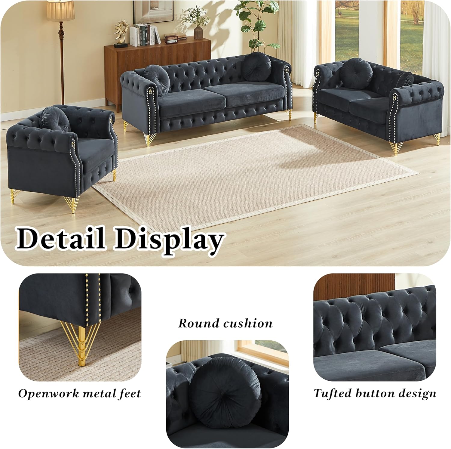 KEIKI 5 Seat Chesterfield Sofa, Retro Style Upholstered 3+2 Seats Velvet Couch with Rolled Arm for Living Room Bedroom Office, Black