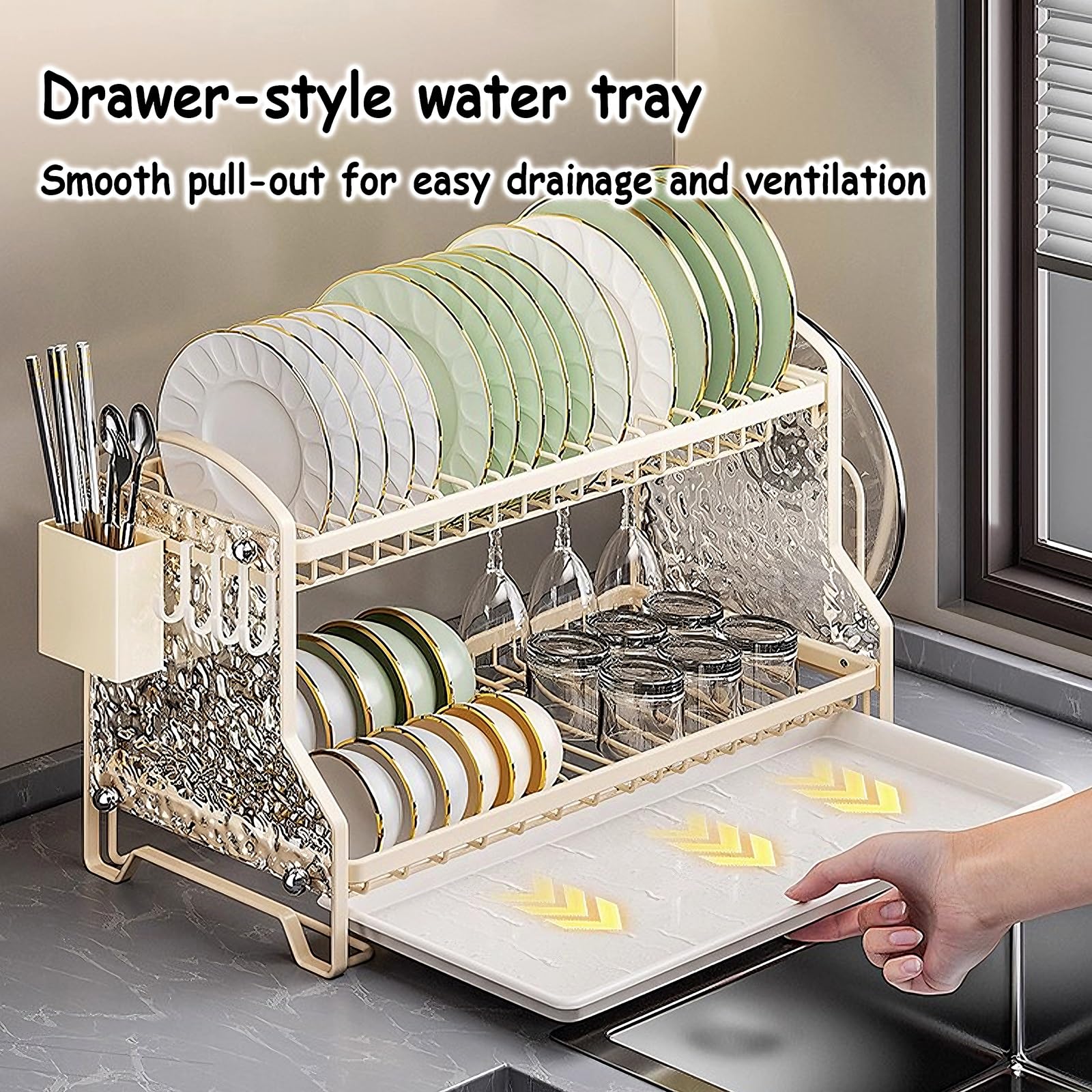 Scolapiatti da Appoggio per Lavello con Porta-bacchette Acciaio ai Carbonio Portaposate Scolaposate a 2 Ripiani Organizzatore Cucina per Appartamenti e Case(42 * 25 * 29.5cm)