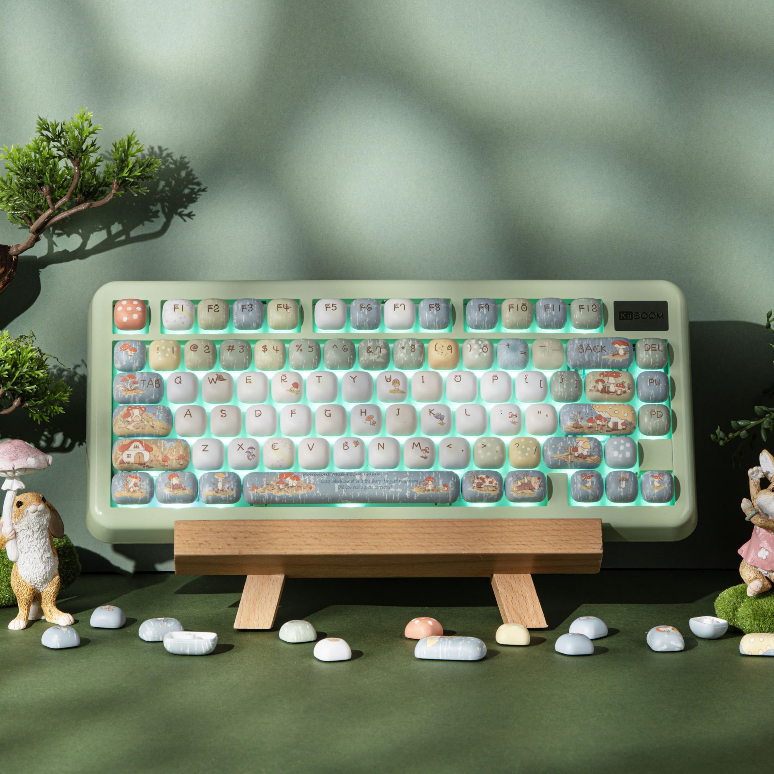 KiiBoom Little Shroom Pack - Set di copritasti, profilo MOG, 5 tasti, PBT stampato, 140 tasti, compatibile con Alice, 60%, 65%, 75%, TKL, 96%, formato standard, layout ANSI (pioggia)