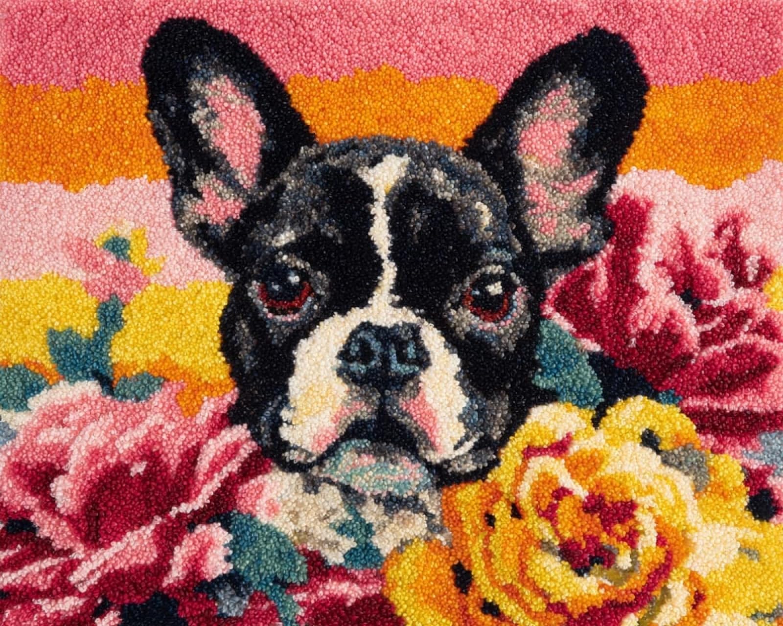 Wallphantom 003 Diy Latch Hook Rug Kits For Adults,French Bulldogs And Flowers,Tapestry Pre-Printed Patterns Carpet Needlework Crochet Yarns Latch Hooking Mat Cushion For Home Decor,80X160cm