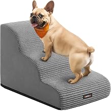 Feandrea 3-Step Dog Stairs, Dog Steps for Bed, Sofa, Waterproof Pet Stairs with Anti-Slip Designs, Gentle Slope, Removable Washable Cover, Handle, Dove Gray UPPS003G01