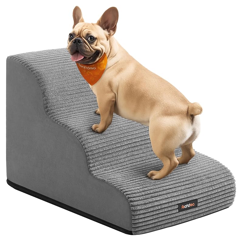 Escada para Cães Feandrea com Inclinação Suave, Capa Lavável e Antiderrapante, Dove Gray, 3 Degraus