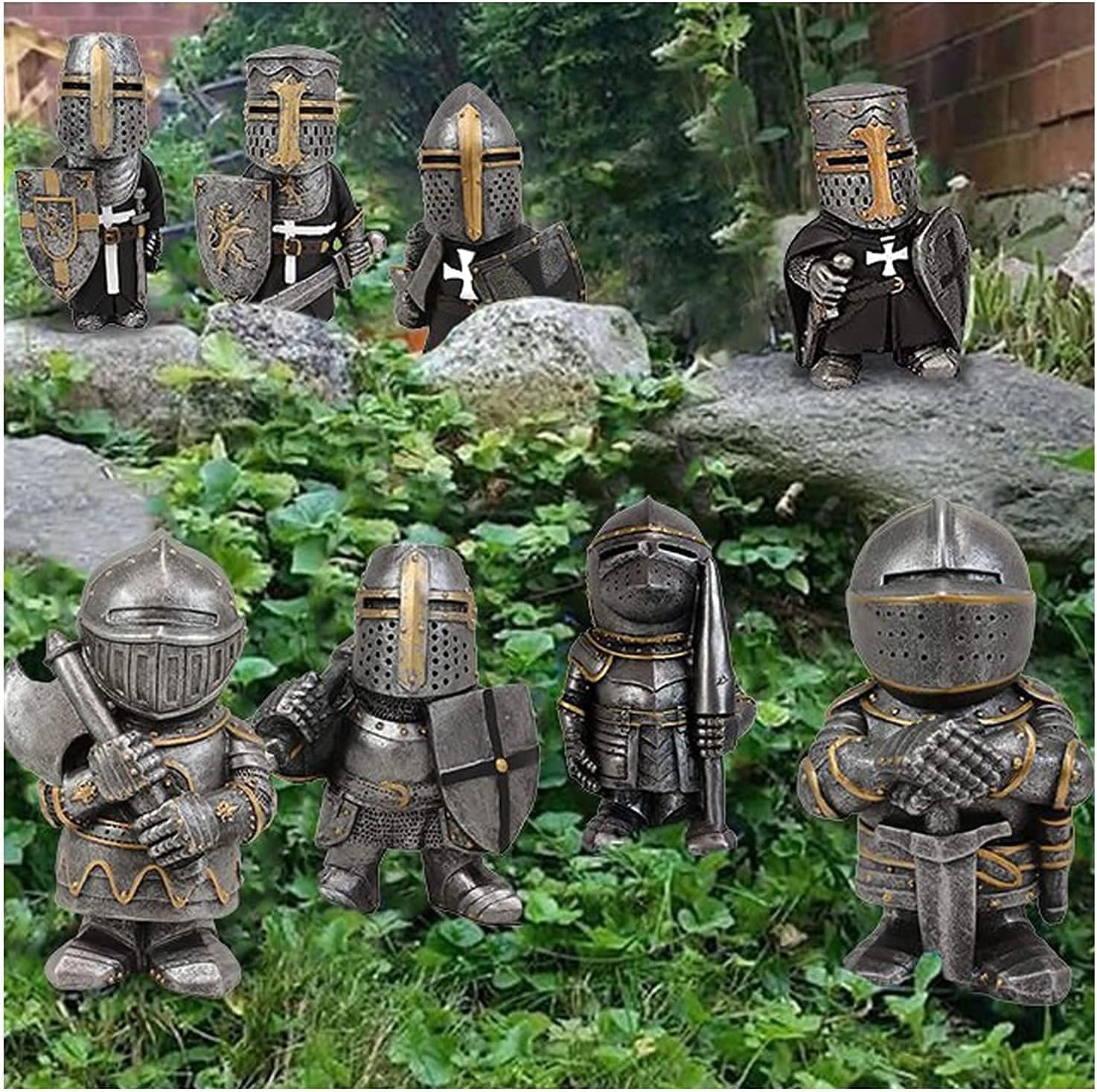 Guardia de Gnomes Knight, Estatua de gnomo Enano, Figura Cruzada Cruzada Cruzada de la decoración de esculturas de Caballeros Europeos en Miniatura en Miniatura Que Hace Que su jardín Sea má