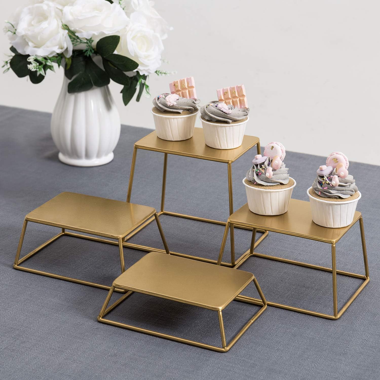 MyGift 4 Piece Set Modern Brass Tone Metal Nesting Tabletop Cupcake Display Risers, Food Appetizer Dessert Buffet Table Serving Stands for Home Party Event Retail (Brass)