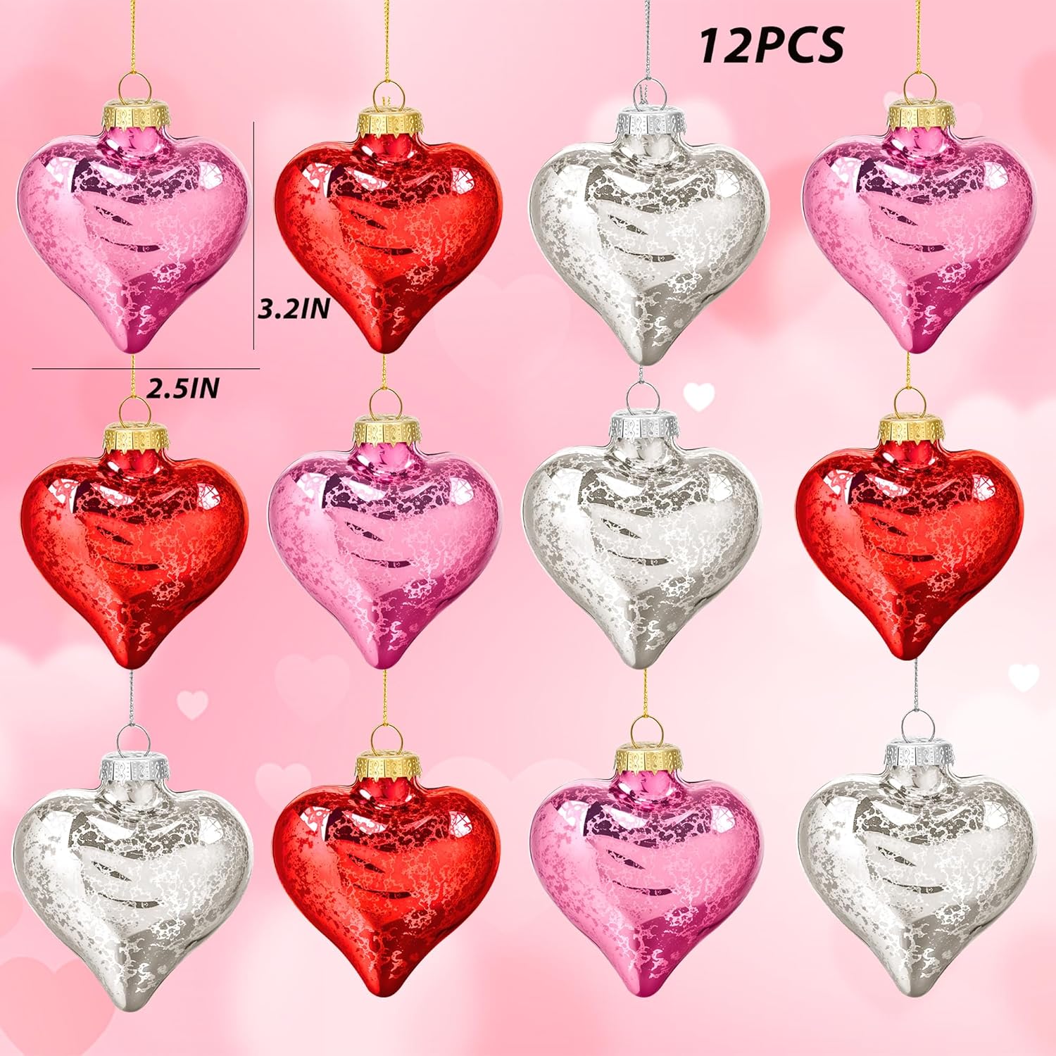 12Pcs Valentine’s Day Glass Heart Ornaments, Pink Red Silver Hanging Hearts for Tree, Glass Heart Decorations for Valentines Tree Decor, Romantic Home Decor and Holiday Party Ornaments - Image 3