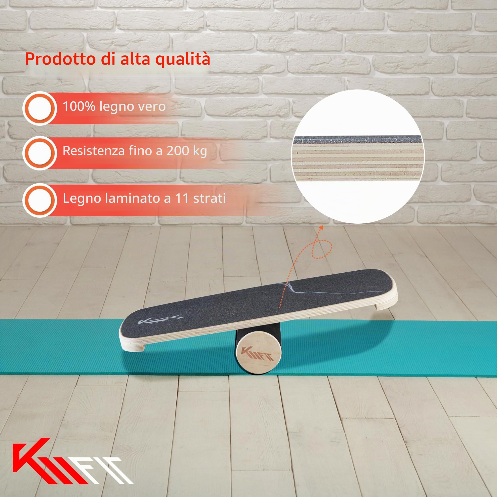 KM-Fit Balance Board | Balance Board in legno | Tavola da surf per interni per allenamento coordinatorio | Allenatore di forza ed equilibrio, surf e pattinaggio indoor