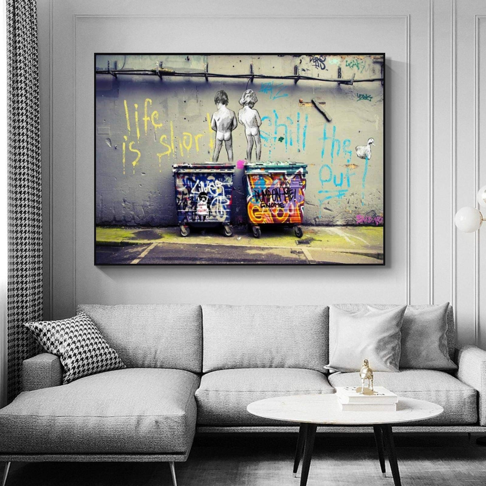 Banksy Bilder Leinwand Life is Short Wandbild 100x60 cm Graffiti Streetart Bilder Leinwand Bild XXL Wanddeko Poster Pop Art Bunt Kunstdruck für Wohnzimmer Schlafzimmer Dekor Mit Rahmen
