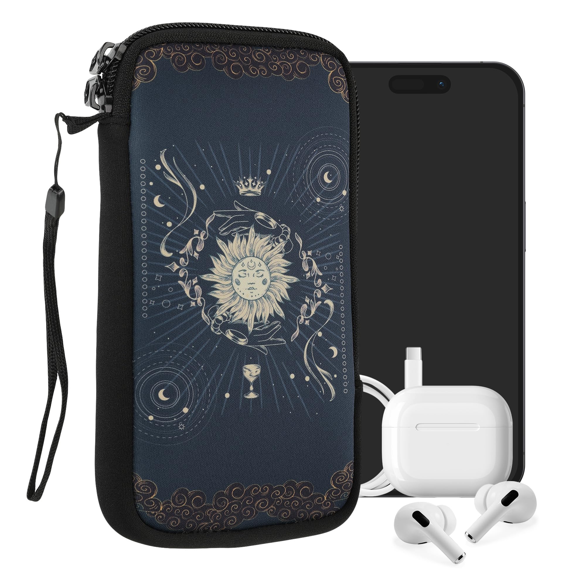 kwmobile Neoprene Sleeve for Smartphone Size XL - 6.7/6.8" - Shock Absorbing Pouch Case - Protective Phone Bag - Tarot Card Dark Blue/Yellow/Black