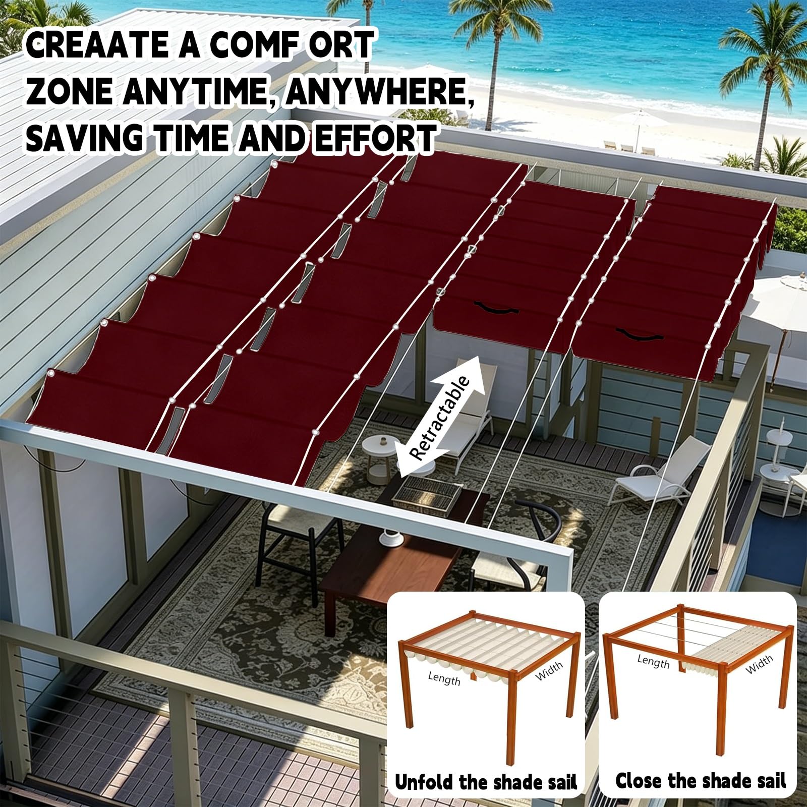 Toldo Retráctil de Onda 100 x 750 cm Impermeable Ondulada Toldos Exterior Protección Rayos UV Resistente Al Desgarro con Ojales y Cuerdas para Jardín Porche Patio Barbacoa, Vino Tinto
