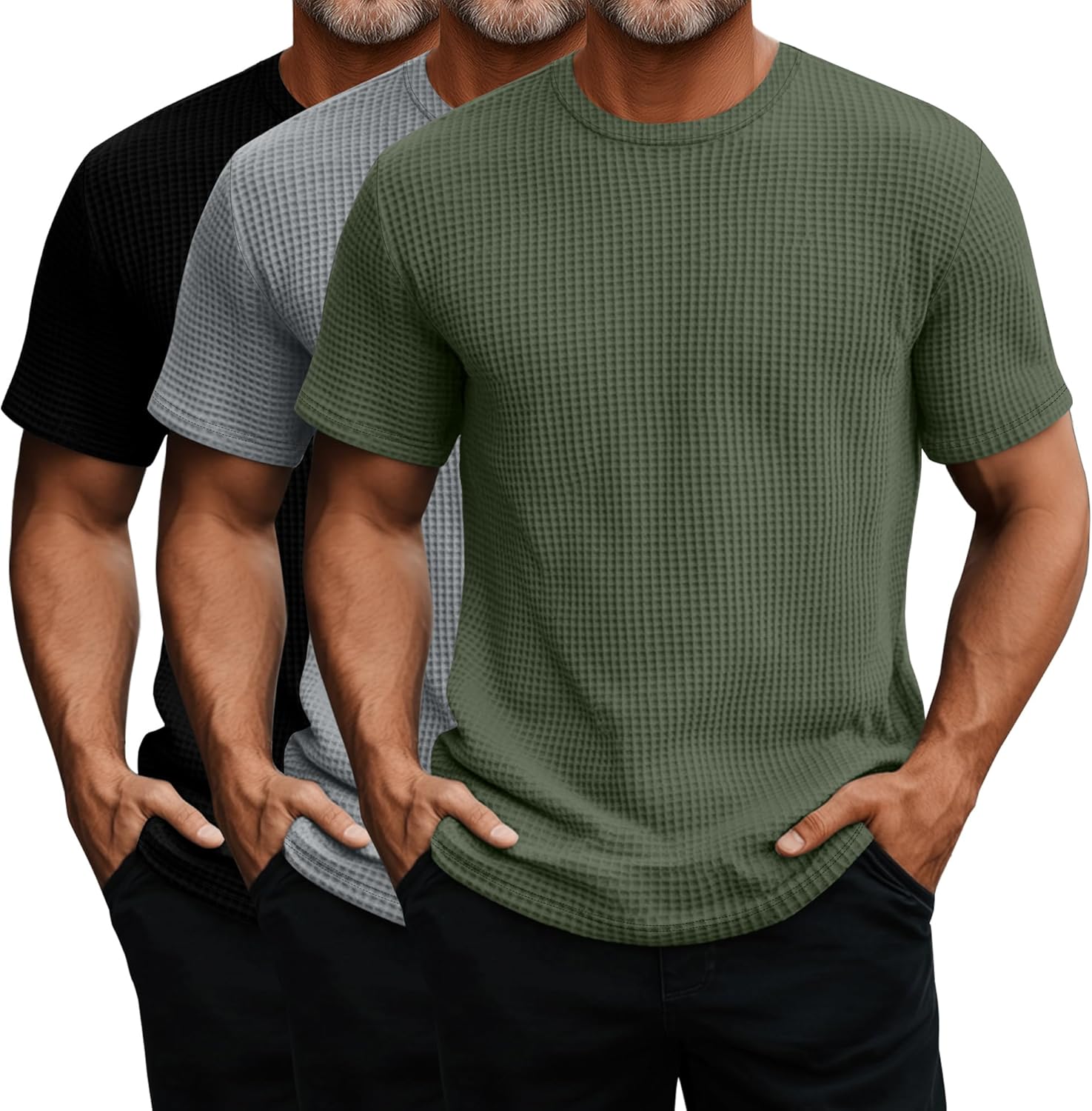 Ficerd 3 Pack Men's Short Sleeve Waffle Knit Shirts, Casual Textured Crew Neck Summer T-Shirts Lightweight Solid Pullover Tee
