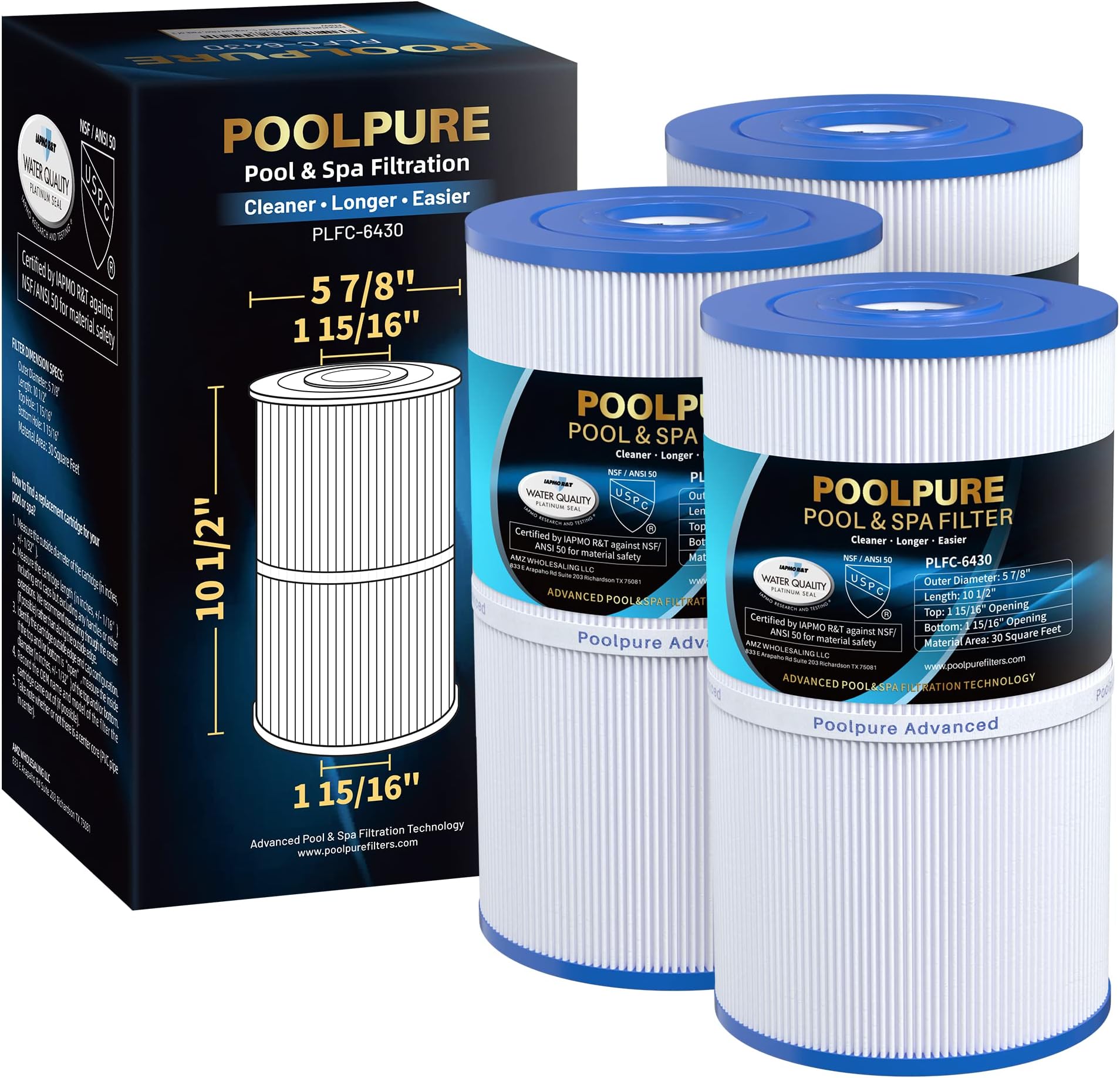 POOLPURE C-6430 Spa Filter Replaces 31489, PWK30, Filbur FC-3915, P/N0969601, 71825, 73178, 73250, 30 sq. ft. Hot Spring Spa Filter 3 Pack