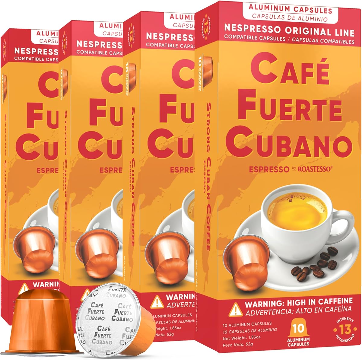 Café Fuerte Cubano, Aluminum Espresso Capsules, Compatible with Nespresso Original Machines, Dark Roast, Intensity 13, High Caffeine, Recyclable Coffee Pods, Roasted and Packaged in USA (40 Count)