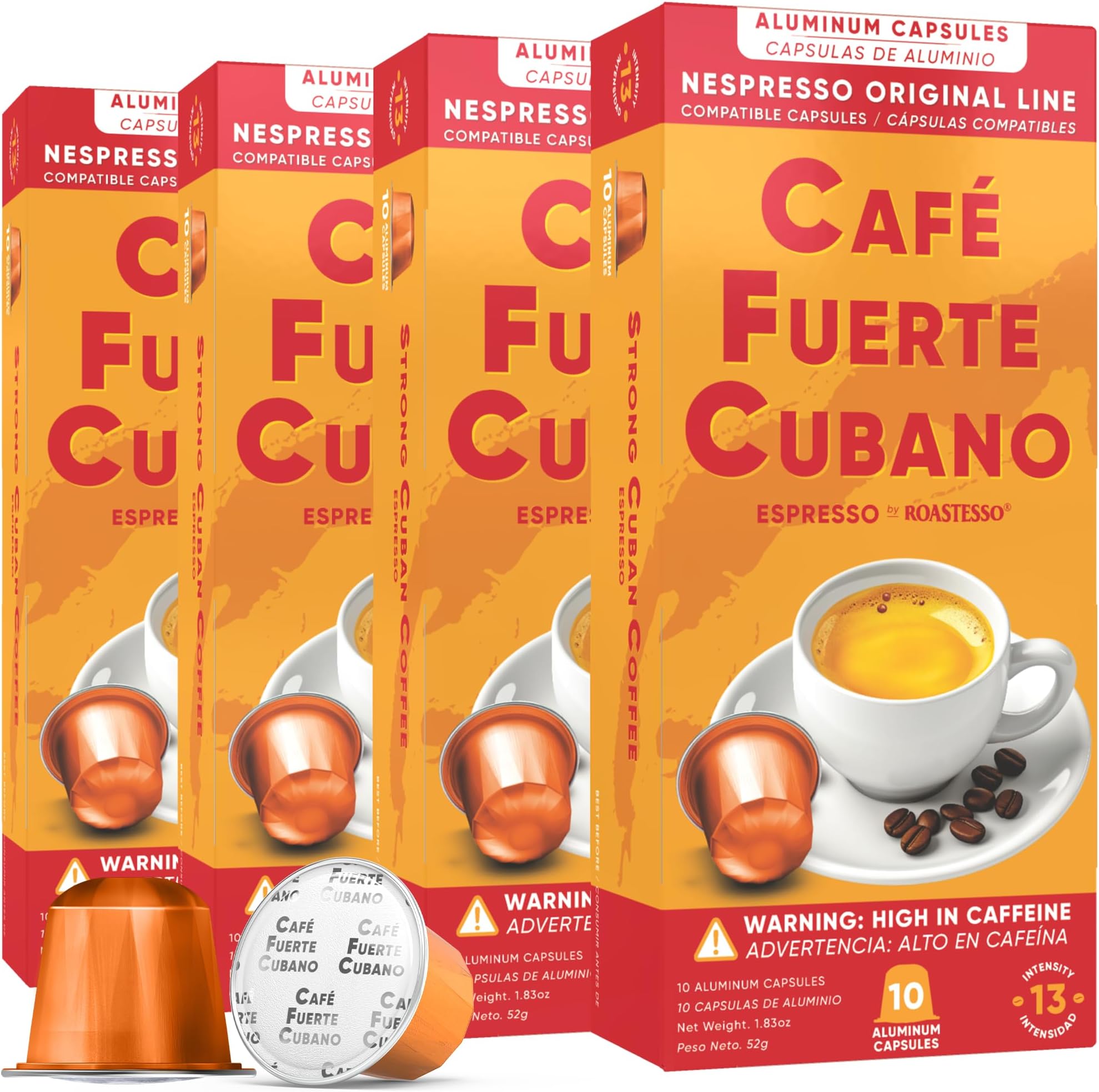 Café Fuerte Cubano, Aluminum Espresso Capsules, Compatible with Nespresso Original Machines, Dark Roast, Intensity 13, High Caffeine, Recyclable Coffee Pods, Roasted and Packaged in USA (40 Count)