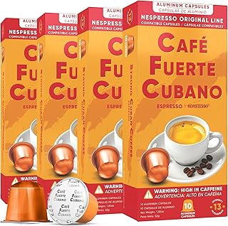 Café Fuerte Cubano, Aluminum Espresso Capsules, Compatible with Nespresso Original Machines, Dark Roast, Intensity 13, High Caffeine, Recyclable Coffee Pods, Roasted and Packaged in USA (40 Count)