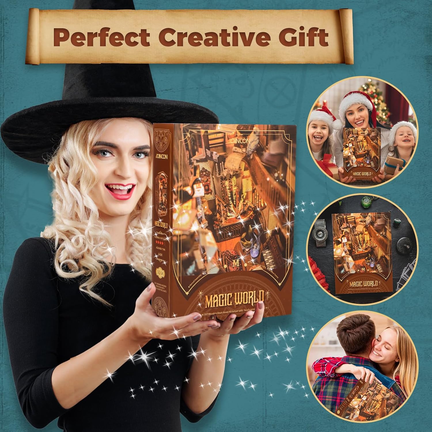 DIY Book Nook Kit, Decorative Bookend, 3D Wooden Puzzle Booknook Crafts, Bookshelf Insert Decor Alley with Furniture and LED Light for Birthday Home Desk Décor (Magic World)