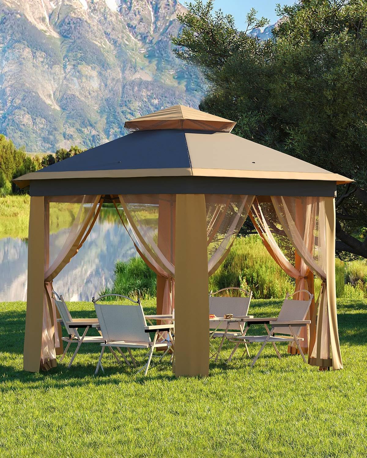 Pop Up Gazebo 13x13, Outside Canopy Tent-6 Side with Mosquito Netting, One Push Setup for Backyard Patio Garden Activities-Khaki