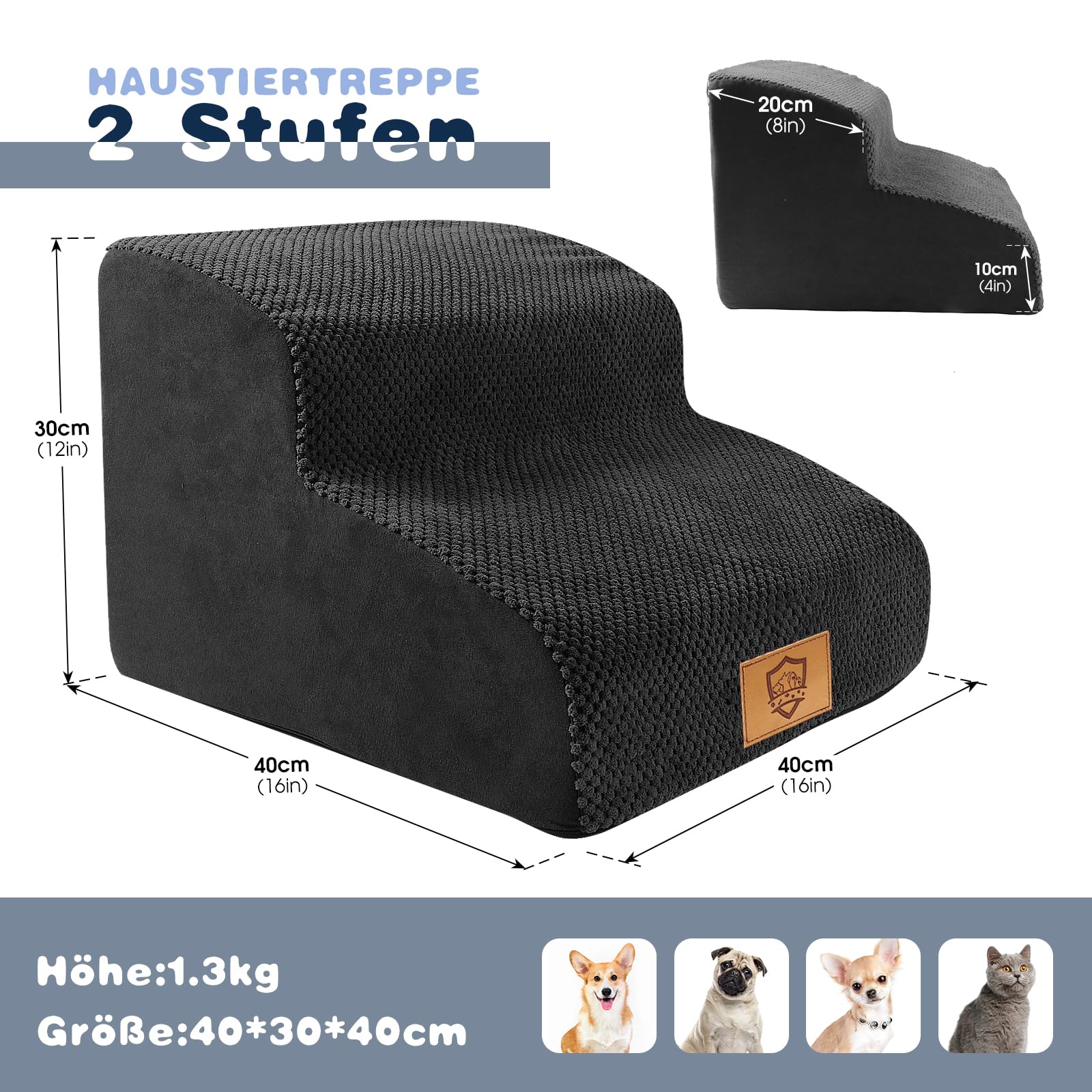Thihome Scala per Cani a 2 Gradini, Scale per Gatti, Rampa per Animali, Scaletta per Cani di Piccola Taglia,Rampa per Gatti Anziani, con Fodera Rimovibile e Lavabile, per Letto e Divano, Nero