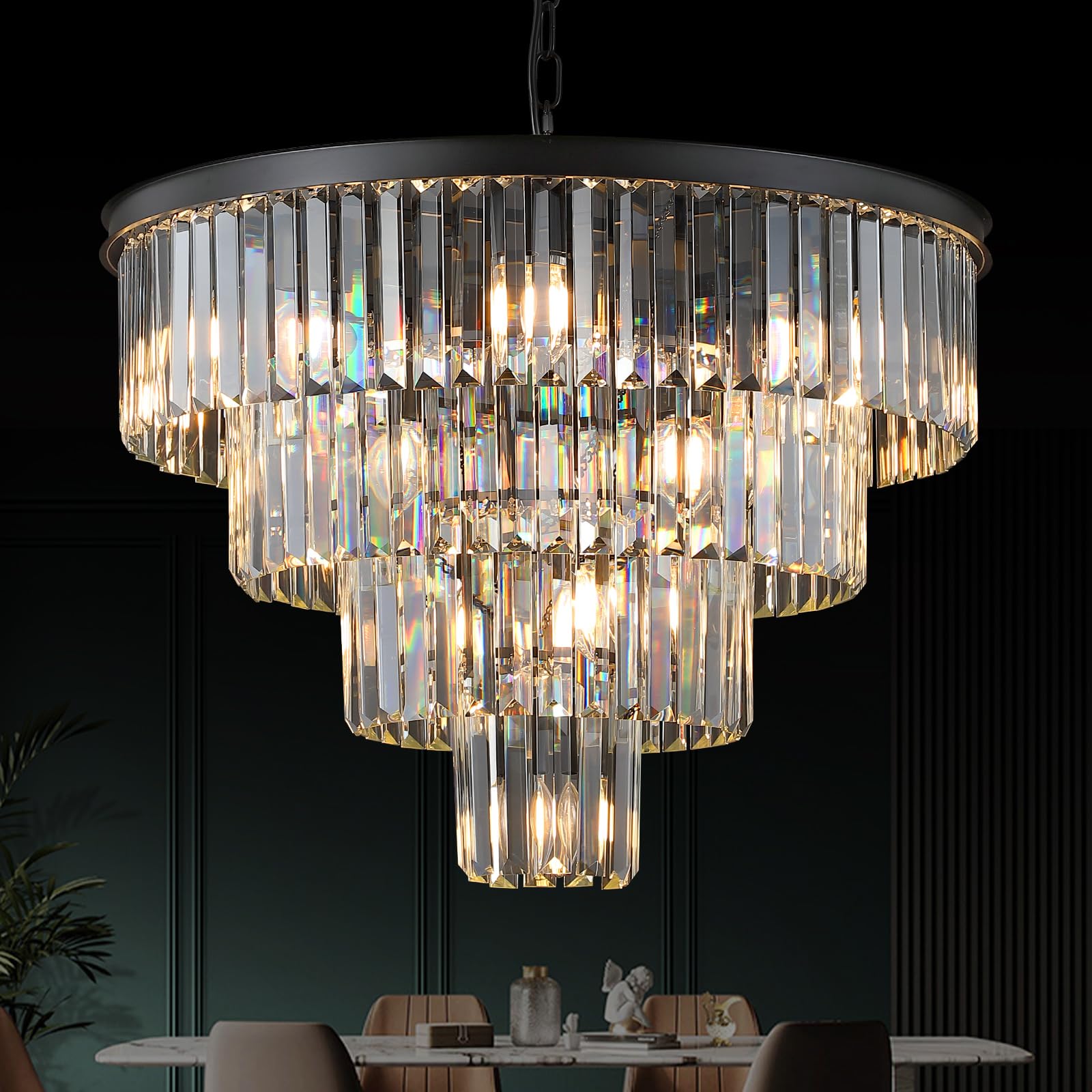 Photo 1 of MERINEA Black Crystal Chandeliers 12 Lights Luxury 24" Round Chandelier 4-Tier Modern Ceiling Pendant Light Fixture K9 Crystal Lighting for Living Room Dining Room Staircase Foyer