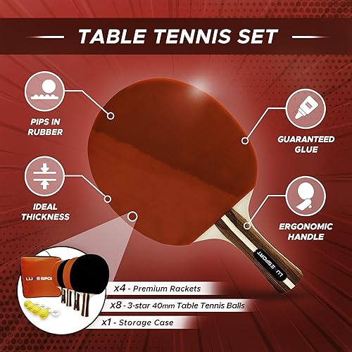 Miniatura 6 de Juego de 4 paletas de ping pong, paquete completo de tenis de mesa incluye 4 paletas de ping pong, 8 bolas de tres estrellas, bolsa de viaje de