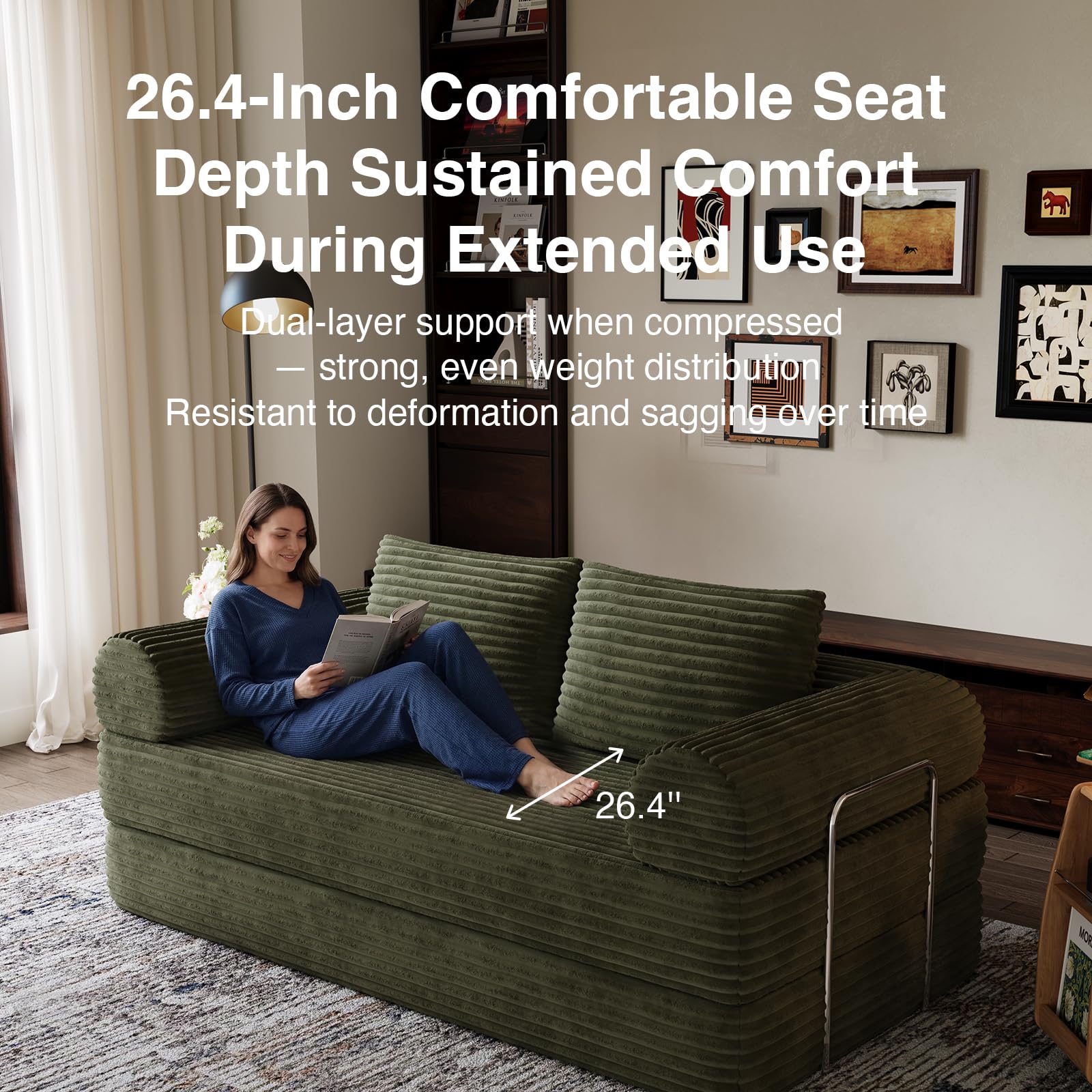 Novilla 75" Convertible Futon Sofa Bed, Boneless Couch with Smarts Coil® Support & High-Density Foam, No Assembly Corduroy Folding Loveseat Floor Sleeper for Living Room, Apartment, Bedroom, Green