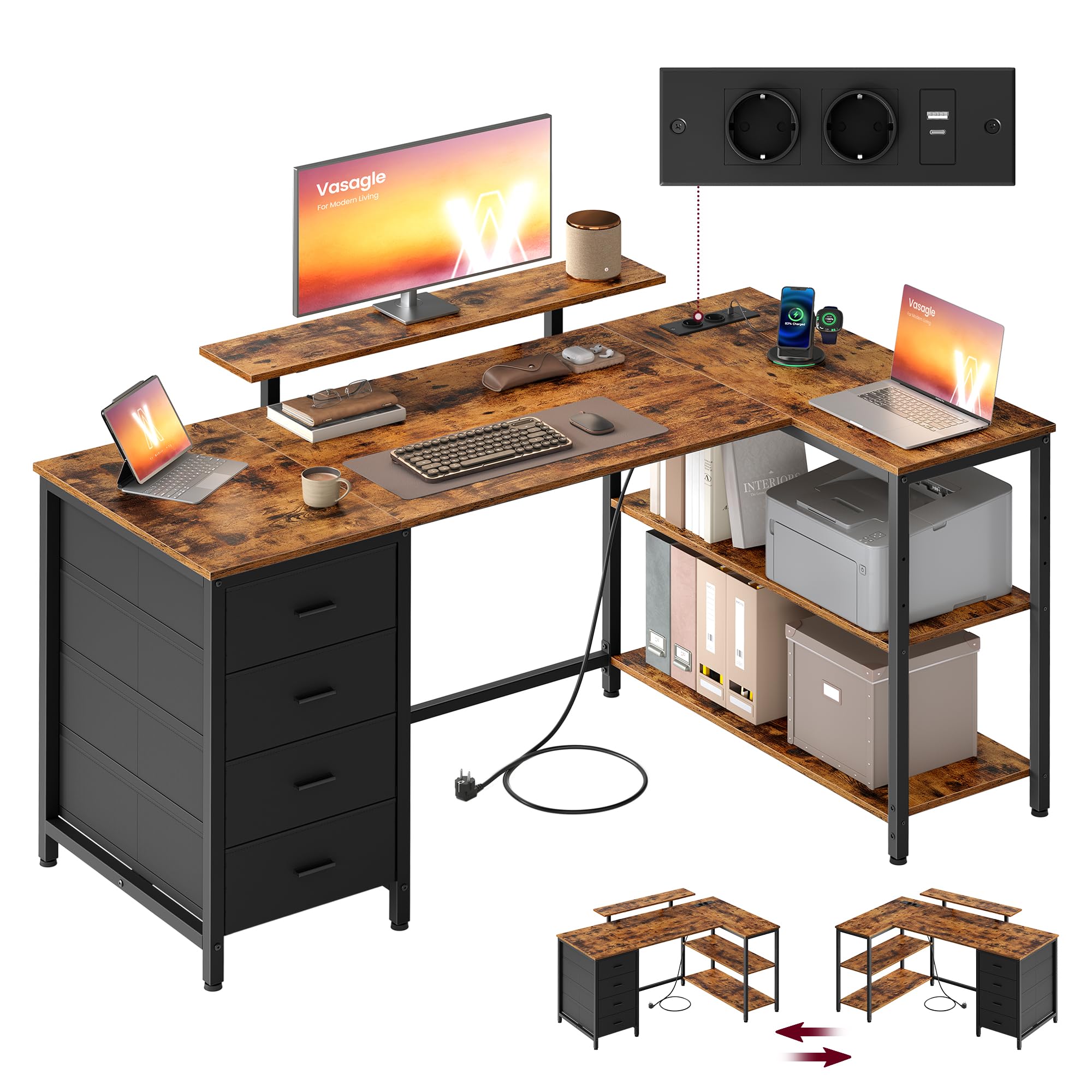 VASAGLE Escritorio Esquinero en L con Enchufes, Escritorio Gaming, Diseño Reversible, Estantes Ajustables, 4 Cajones, 2 Puertos USB, Estudio, Oficina, 140 x 80 cm, Marrón Rústico LWD172KD01