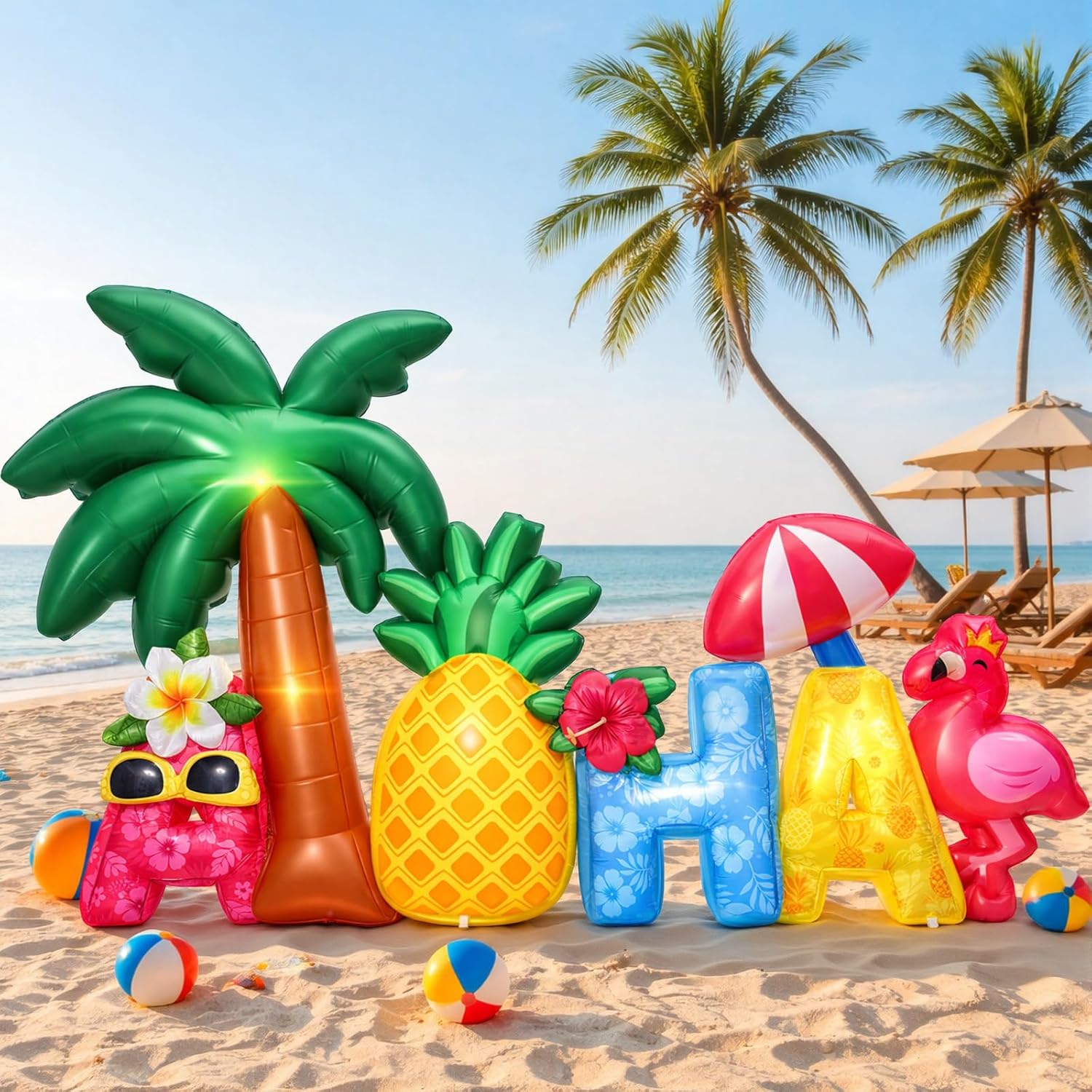 Halloscume 6 ft Hawaii Inflatable Outdoor Decorations Aloha Word Flower Coconut Trees Pineapple Inflatable Decor Built in LED Lights for Spring Summer Yard Lawn Supplies