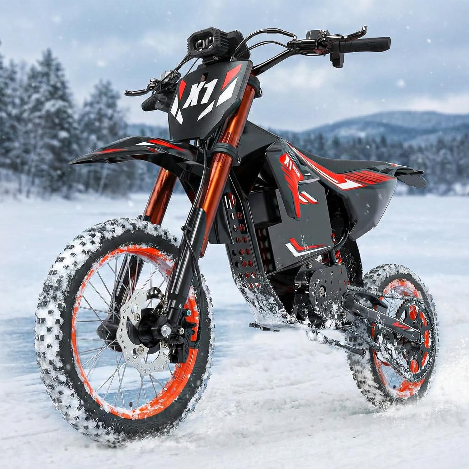 X1 Spark Electric Dirt Bike 4500W Peak, Electric Bike 50MPH, 60V 28.8Ah Battery Ebike, Up to 60 Miles, Full Suspension, 14″/12″ Fat Tire Electric Motorcycle for Mountain Off-Road Teens Adults (Medium)