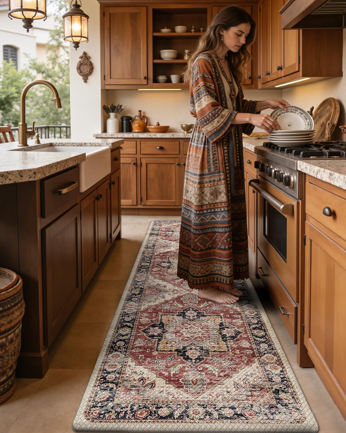 Kitchen Floor Mats Anti Fatigue, 23x86 Large Long Cushioned Vintage Runner Rug Waterproof, Standing Comfort Memory Foam Padded for Front Sink Laundry Office, Beige and Red