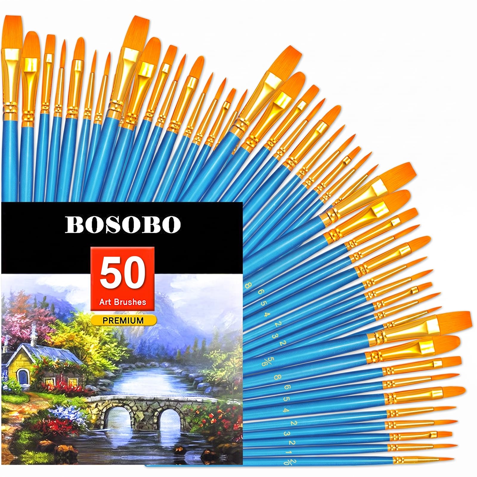 BOSOBO Assorted Nylon Acrylic Artist Paint Brushes Set,Blue,50 Pcs