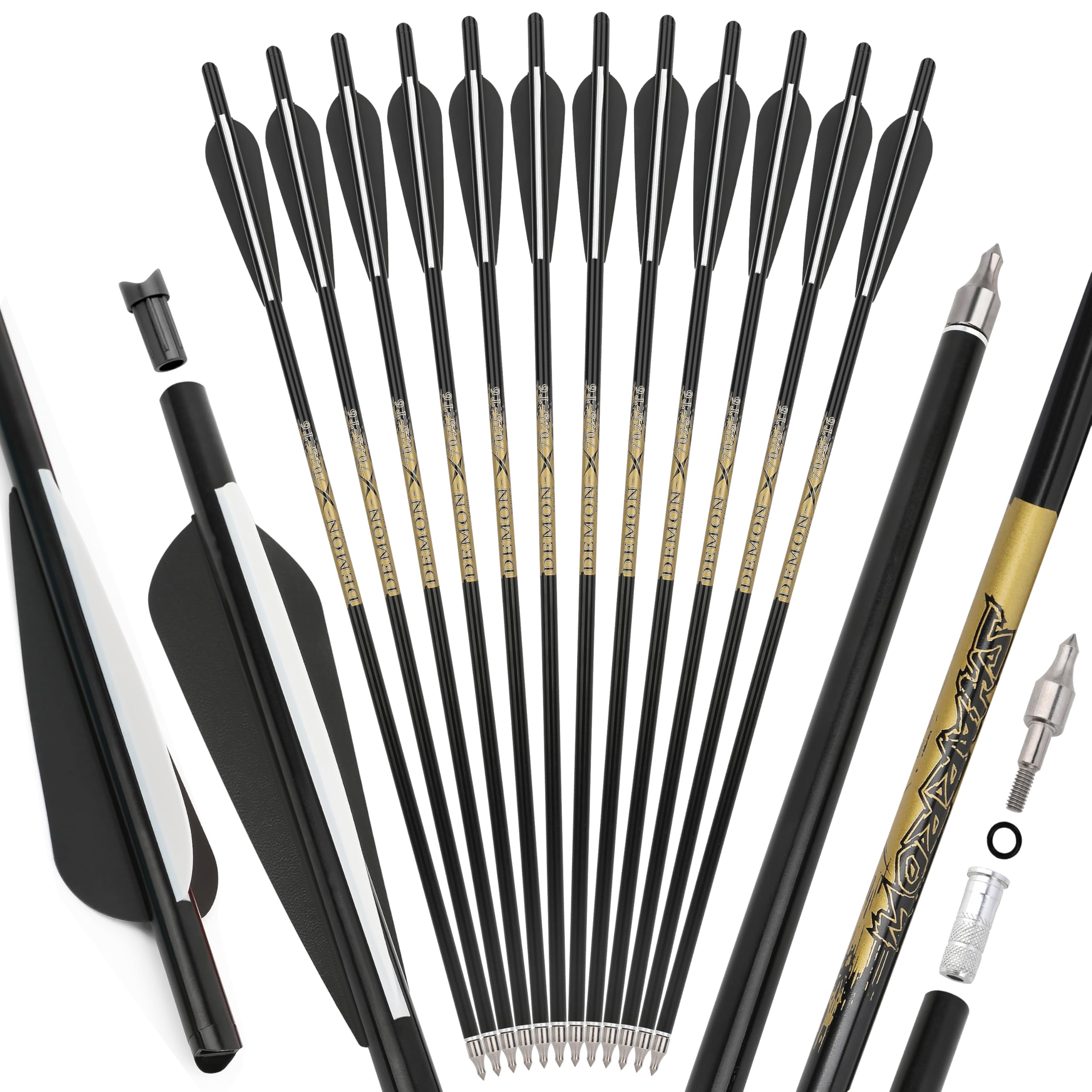 surwolf Crossbow arrows 20"&22" Archery Aluminium Crossbow Bolt, Hunting Aluminium Arrow for Crossbow with 4" Vanes Hunting Crossbow Arrows 12pcs (black, 20")