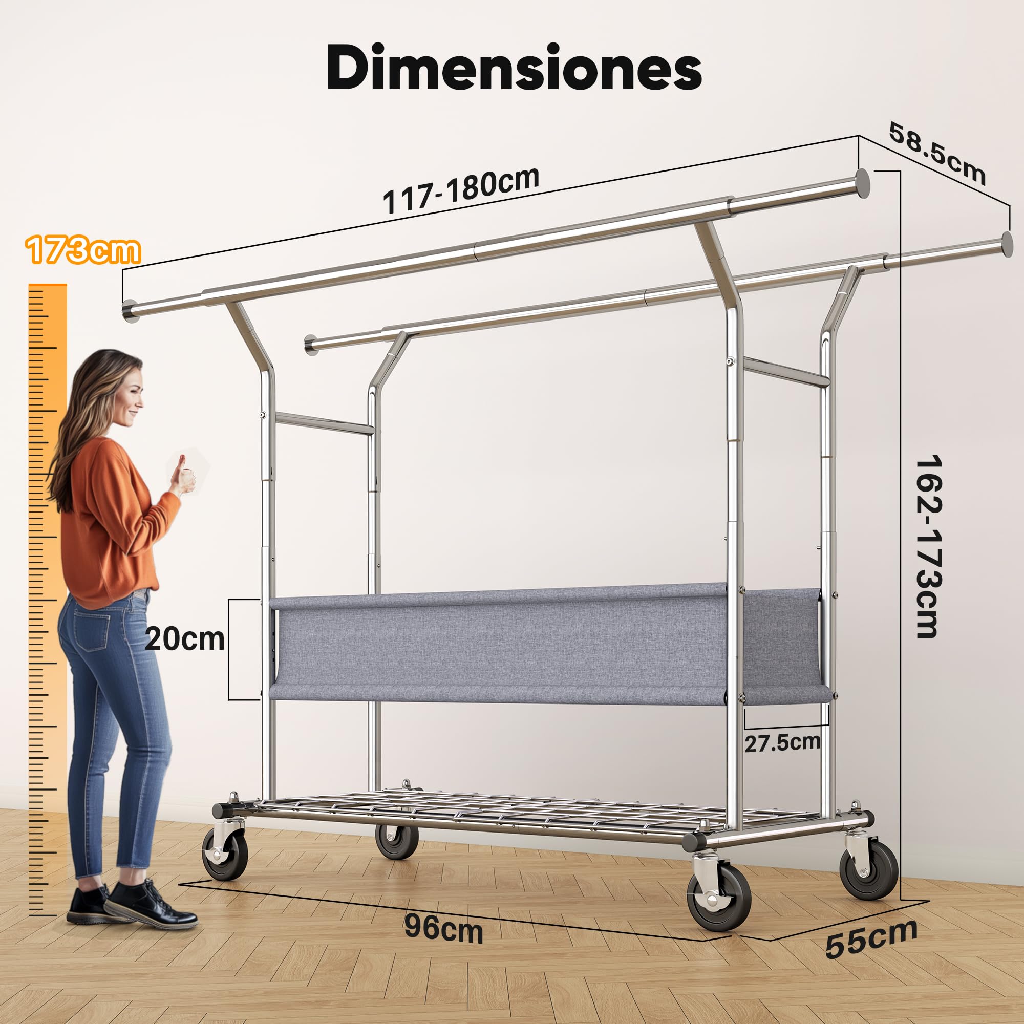 HOKEEPER Burro de Ropa Resistente de Doble Barra con Ruedas, 283kg, con Cesta de Tela y Estante, Extensible - Ideal para Dormitorio, Boutique | Perchero de pared con 4 ruedas, 2 bloqueos, fácil de montar, duradero