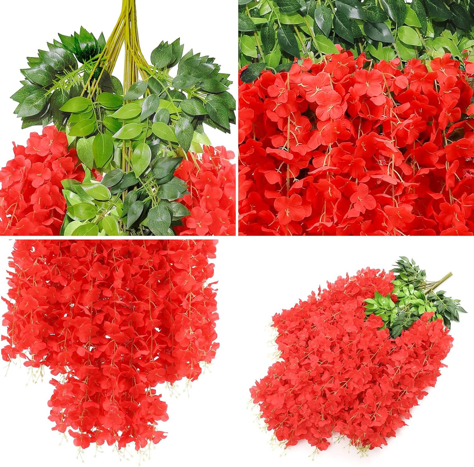 SZJH 12pcs 3.6 Feet/Piece Artificial Fake Wisteria Vine Ratta Hanging Garland Silk Flowers String Home Party Wedding Decor (Red) - Image 2