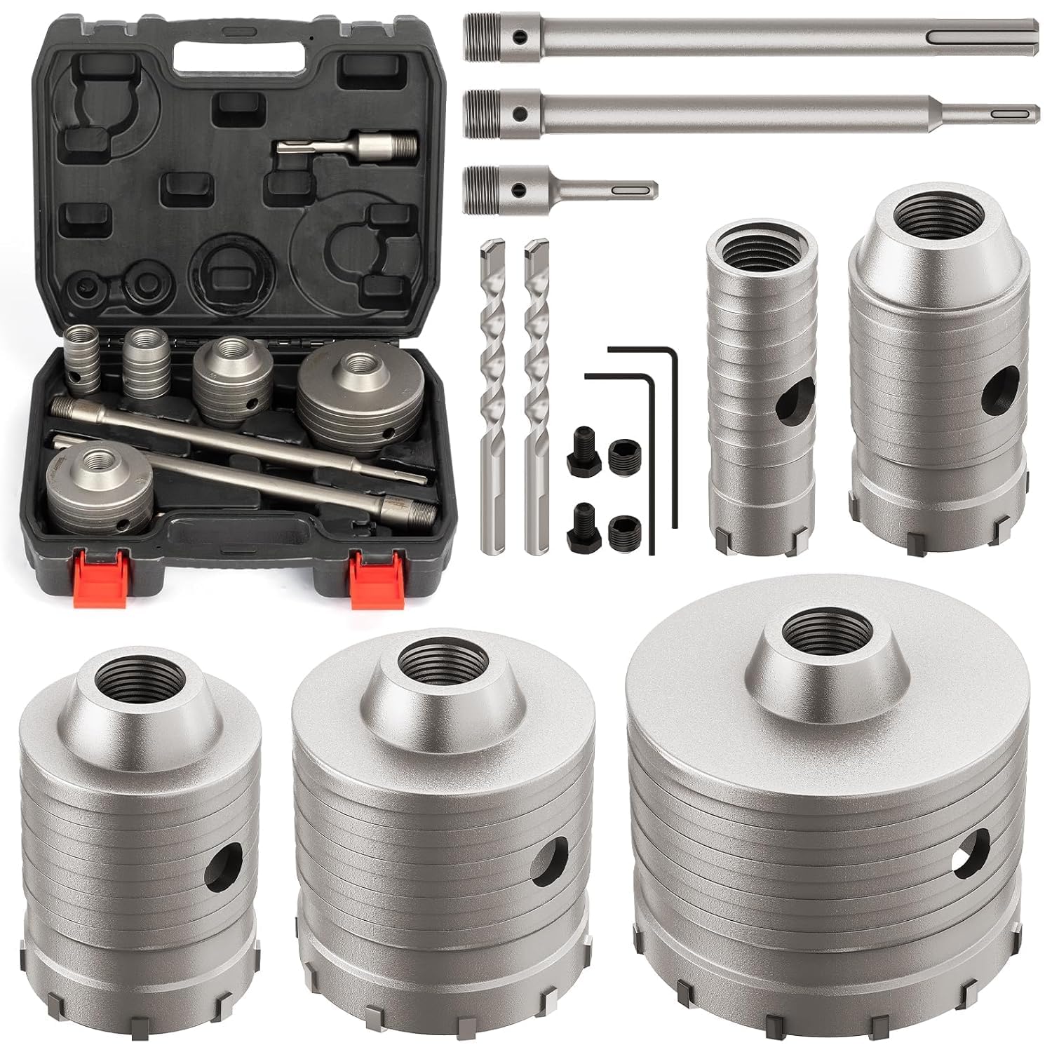 DAIMIT 16 Piece Concrete Crown Set with 2 Drill Bits and Shank SDS Plus & Max, Set of Corons for Drilling Cement, Brick and Stone, Set Sizes 30 40 68 82 100 mm