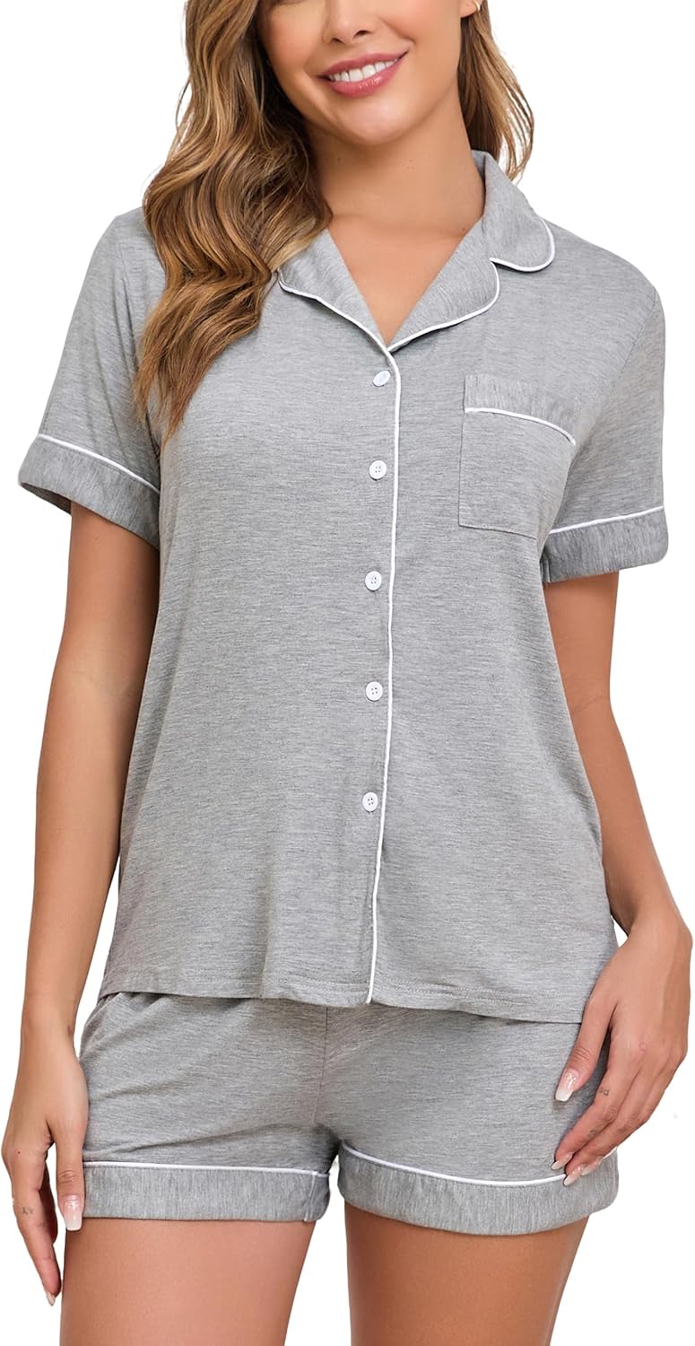 Veseacky Womens Pajamas Set Short Sleeve Sleepwear Button Down Pjs Comfy 2 Pieces Soft Lounge Set S-XXL