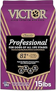 VICTOR Super Premium Dog Food – Professional Dry Dog Food – Super Premium Kibble with 26% Protein – Gluten-Free with Beef, Chicken & Pork Meals – for High Energy and Active Dogs & Puppies, 15lbs