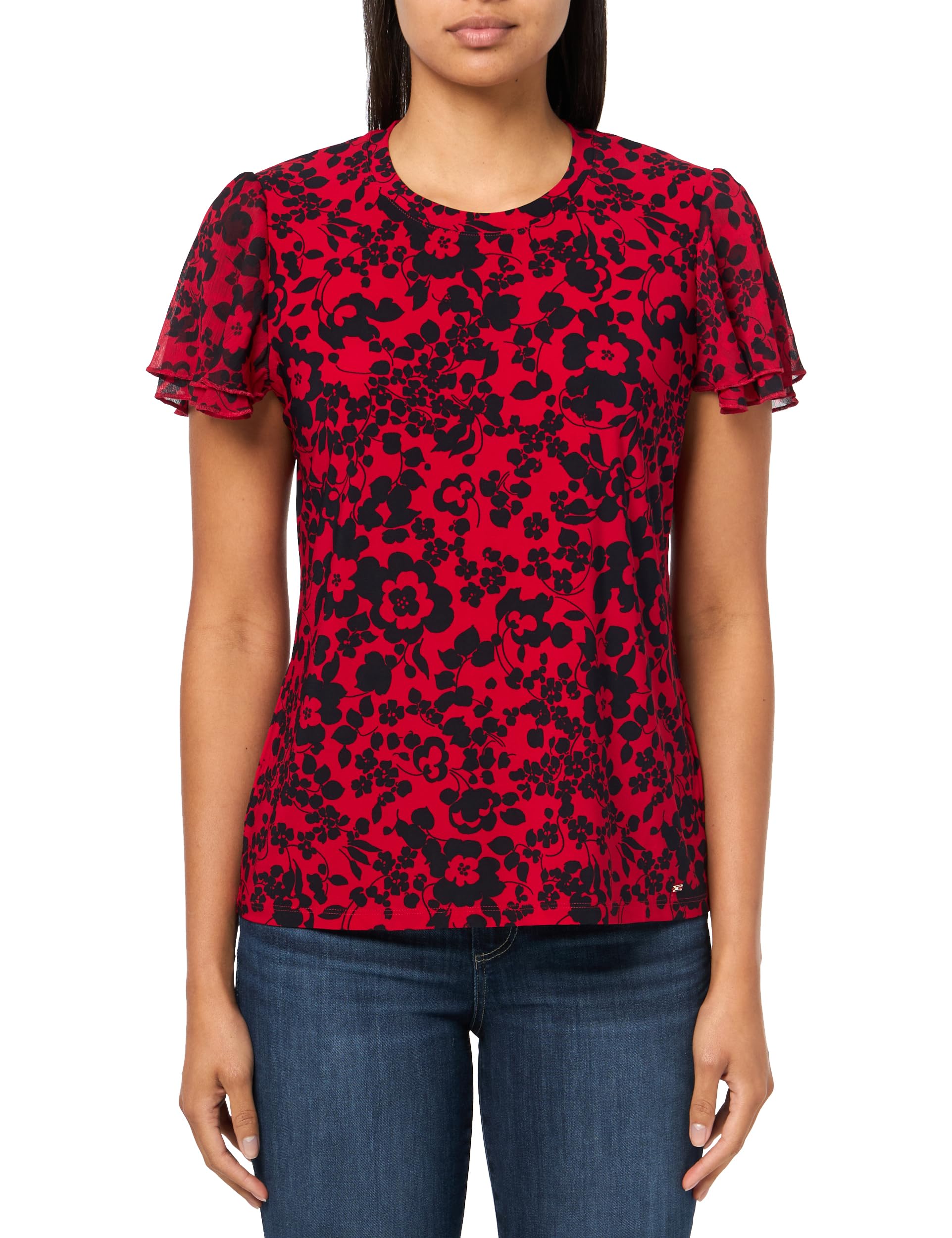 Tommy Hilfiger Women's Flutter Sleeve Floral Top, Scarlet/Midnight, L