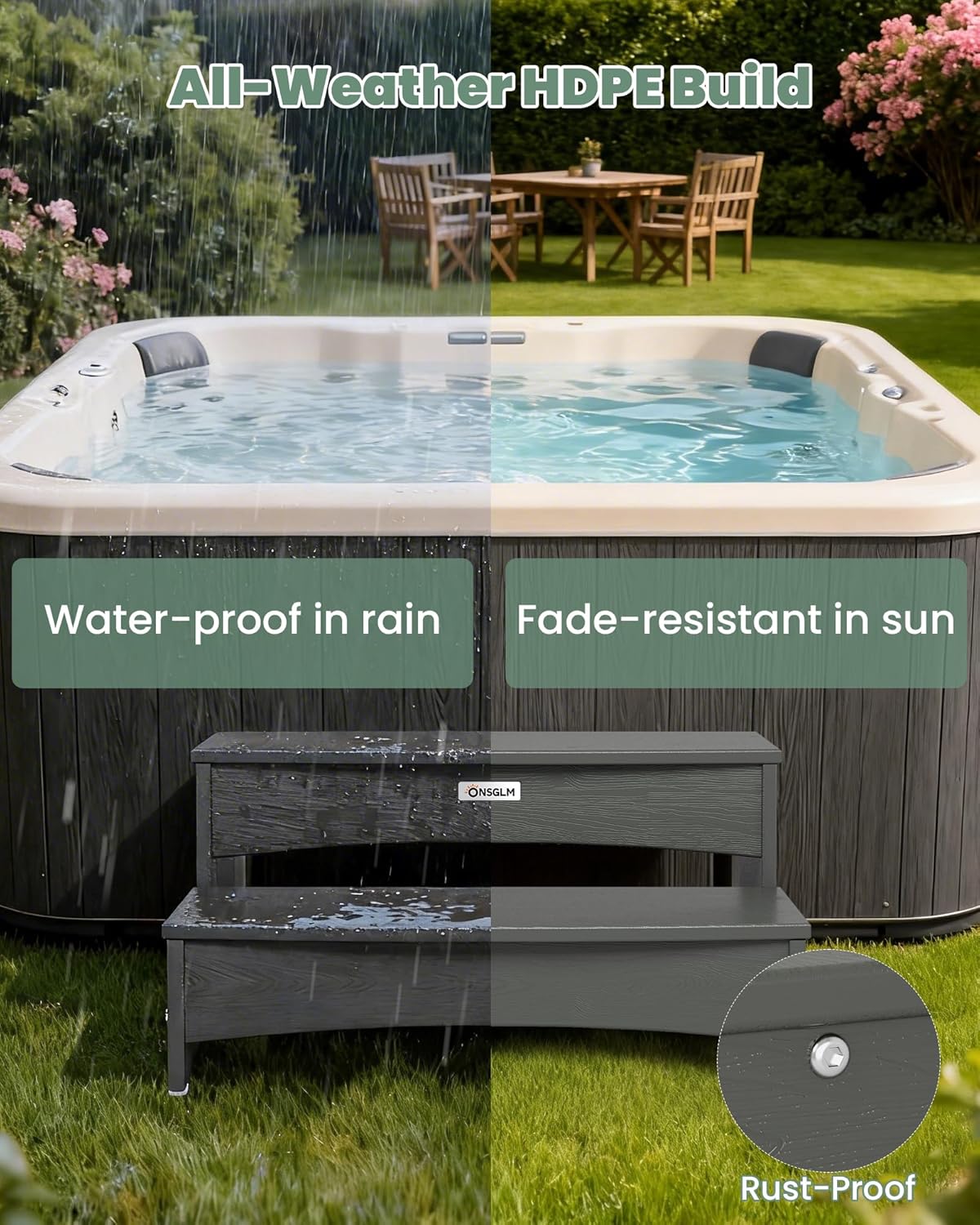25" Hot Tub Steps, HDPE Waterproof Hot Tub Stairs, Heavy Duty Outdoor 2-Step Stool, 600LBS Capacity Non-Slip Wooden Textured Spa Steps with Anti-Slip Feet, Multi-Use Porch Step, Gray