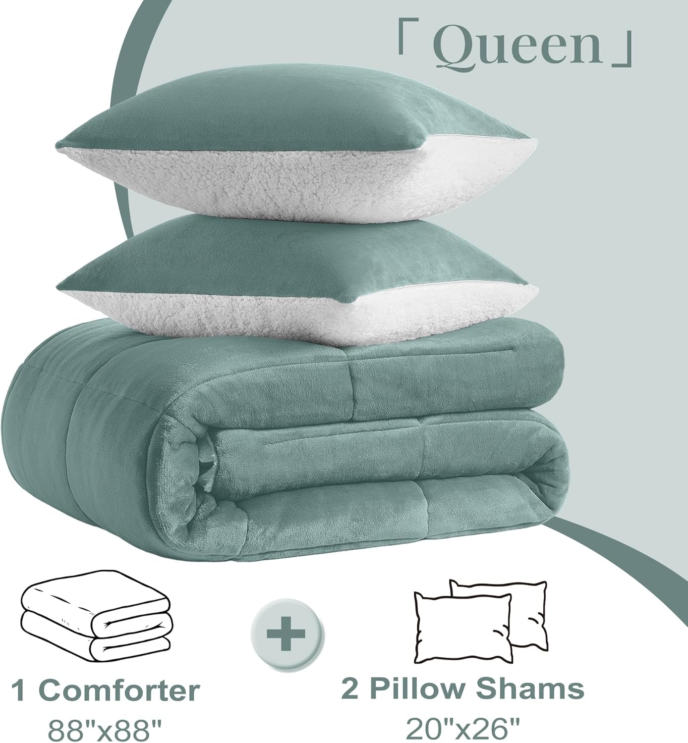 Basic Beyond Queen Comforter Set - Luxury Fleece Sherpa Comforter Sets for Queen Bed, Soft and Warm Queen Size Bedding Comforter Set for Winter, Green, 88"x88" - Image 6