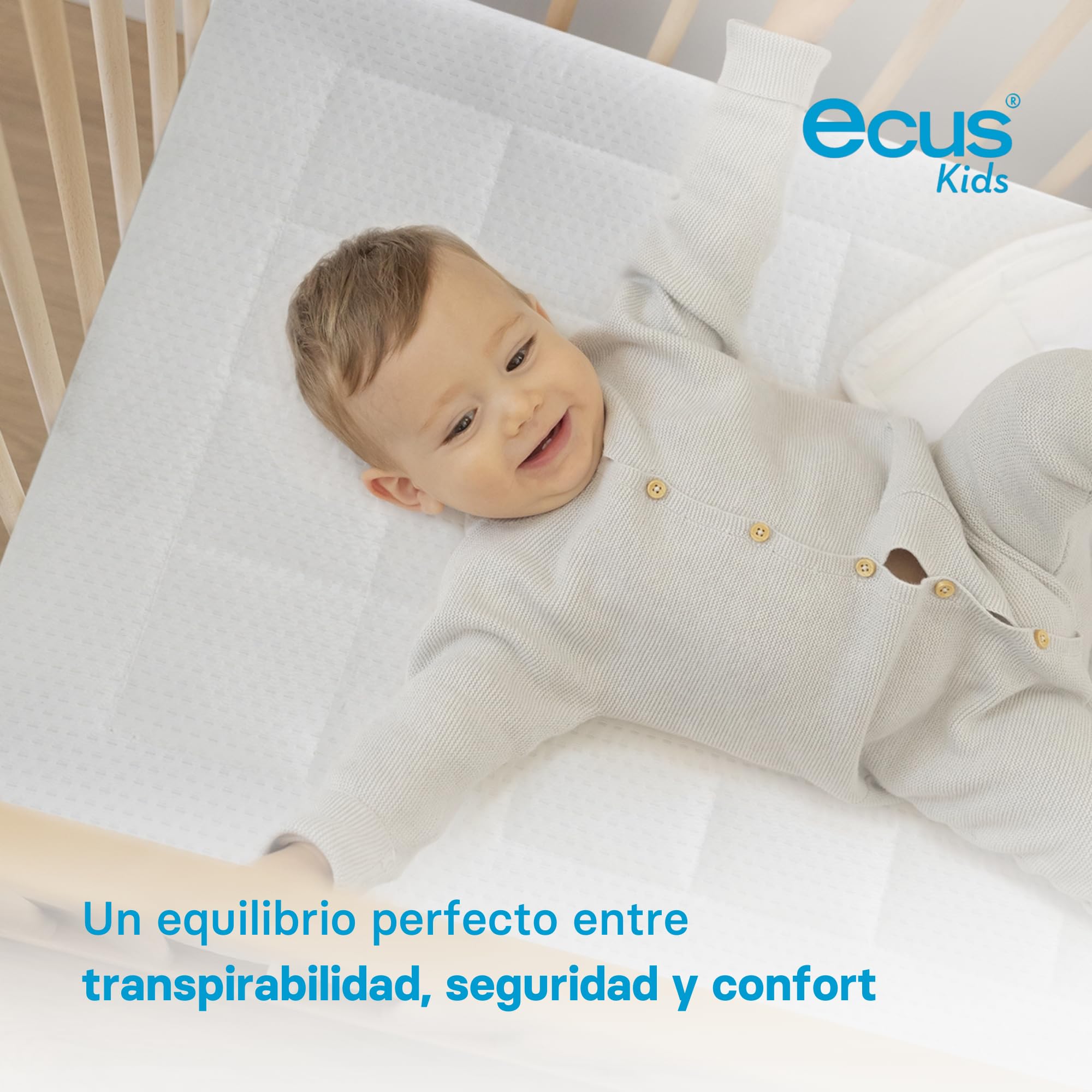 Ecus Kids, Colchón Cuna Pigü 120x60 cm, Antiplagiocefalia, Tejido Airsoft 3D, Hipoalergénico, Transpirable, Altura 12 cm, Colchón Infantil para un Sueño Seguro y Cómodo