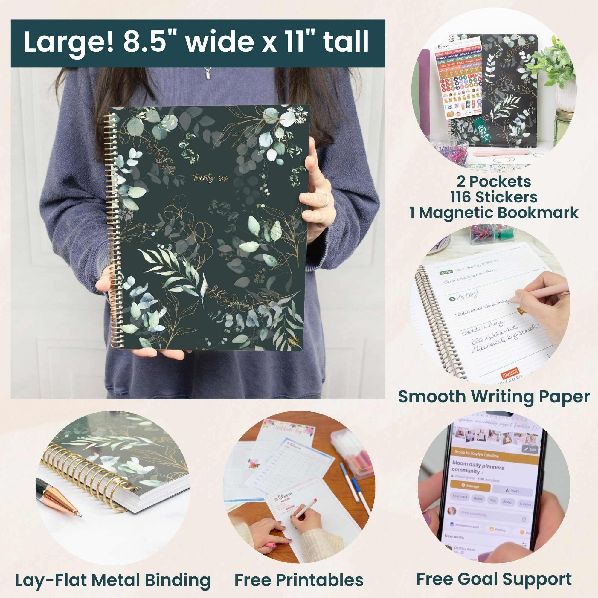 bloom daily planners Planer 2026 (od stycznia do grudnia) - 21,5 cm x 28 cm tygodniowy i miesięczny organizer z naklejkami i zakładkami - elastyczna miękka okładka - eukaliptus, zielony