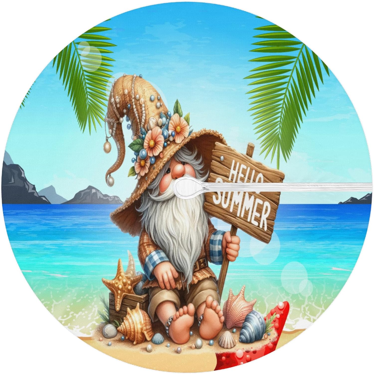 cfpolar Summer Shell Gnome Outdoor Round Tablecloth with Umbrella Hole Round Fitted Waterproof Table Cover with Table Cloth for Patio Outdoor Party Family Dining Fits 45-56 in Diameter Tables